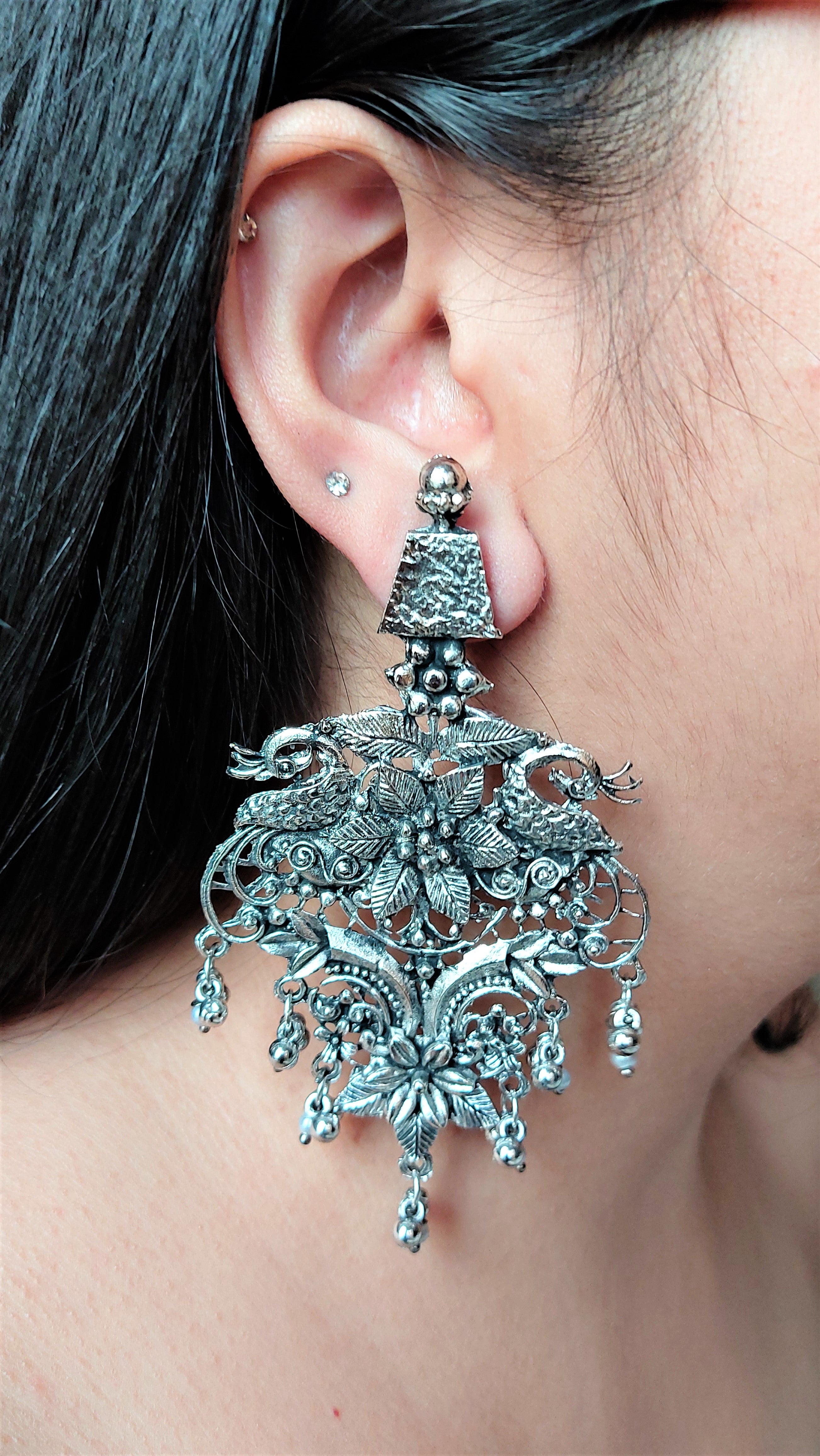 OXIDISED SILVER LONG EARRING