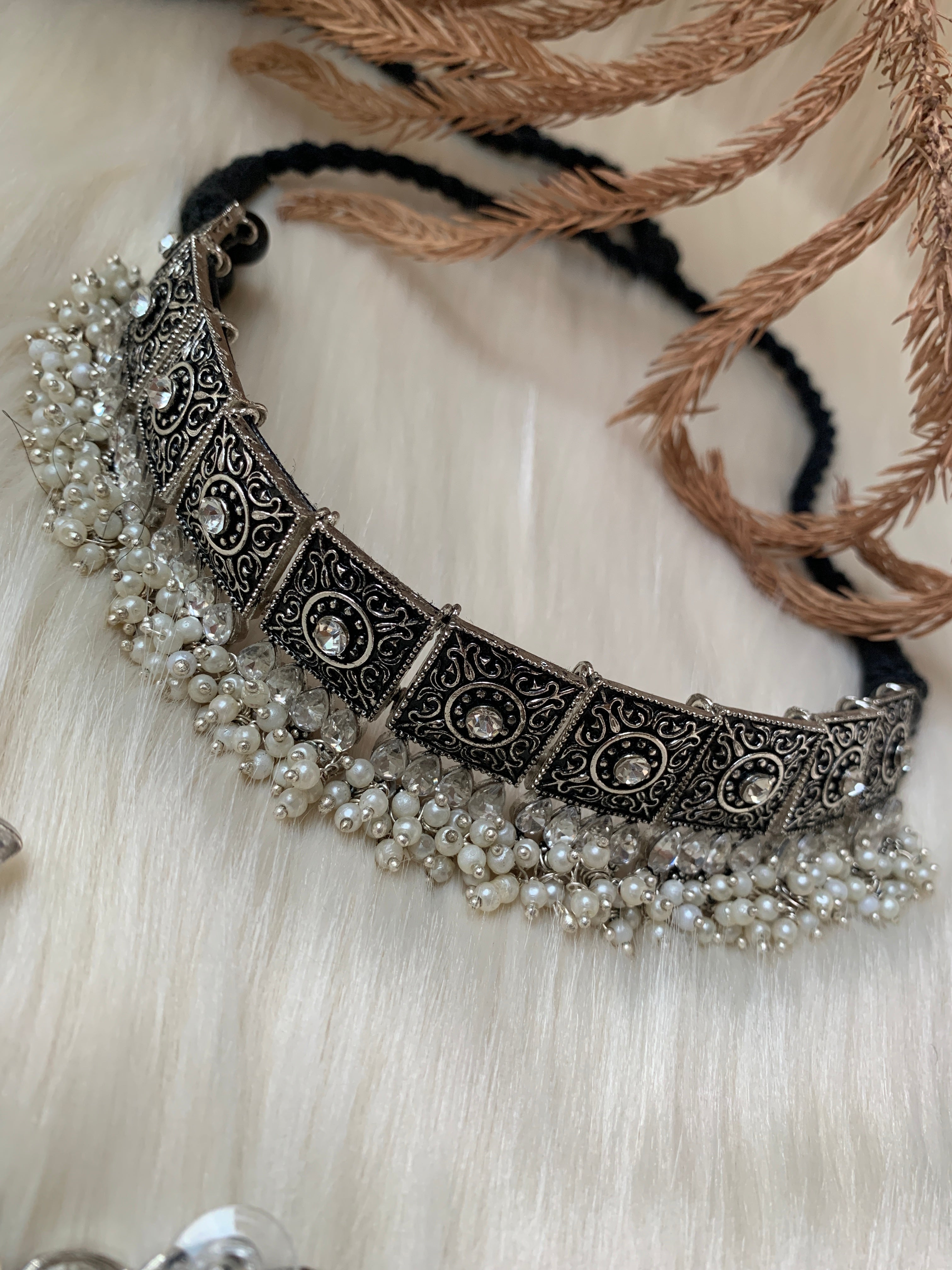 Oxidised Silver Long Necklace Set