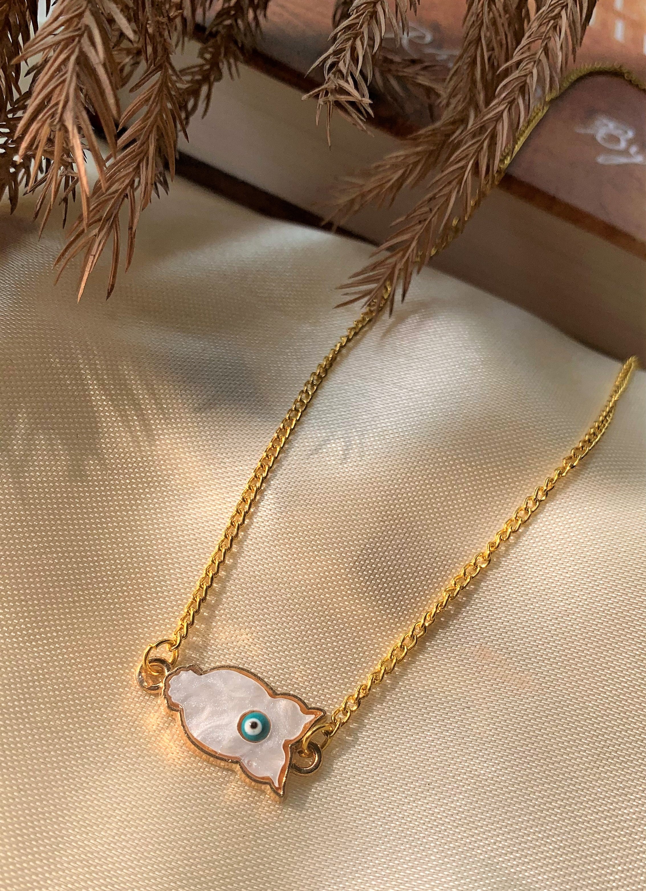 Evil Eye Pendant with Owl Element on Mother of Pearl