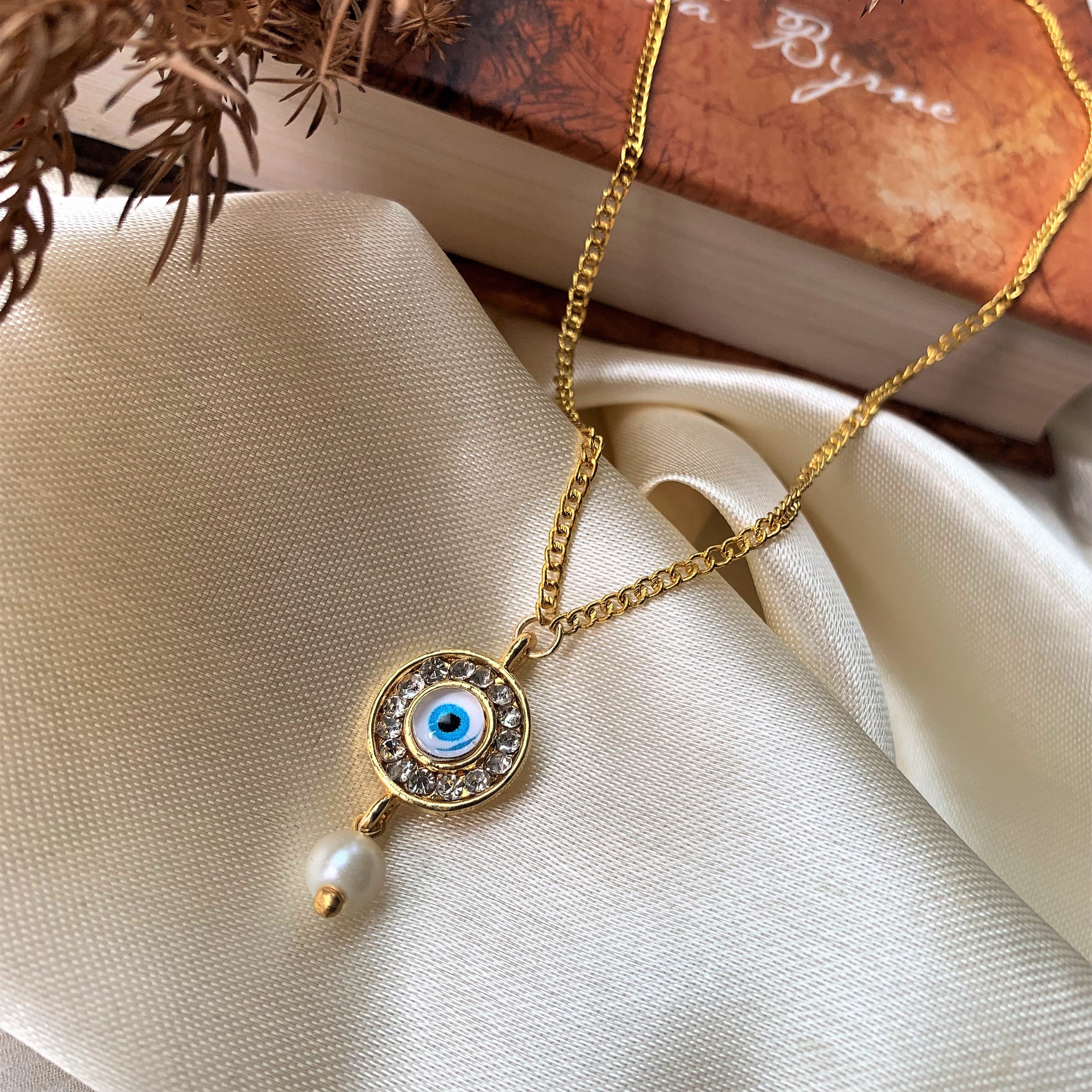 Evil Eye with American Diamond and Pearl Drop Pendant