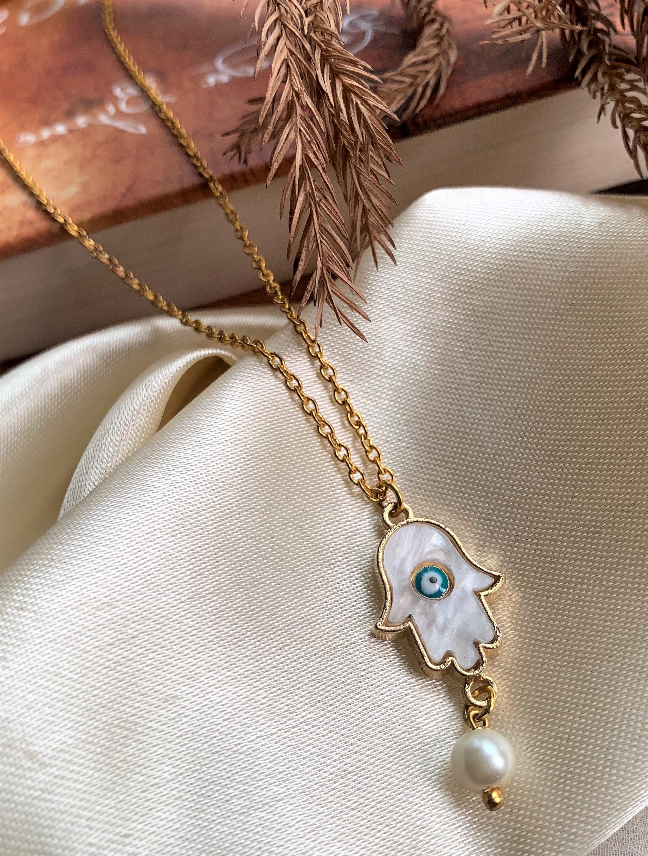 Hamsa Hand Evil Eye with Pearl Drop Pendant