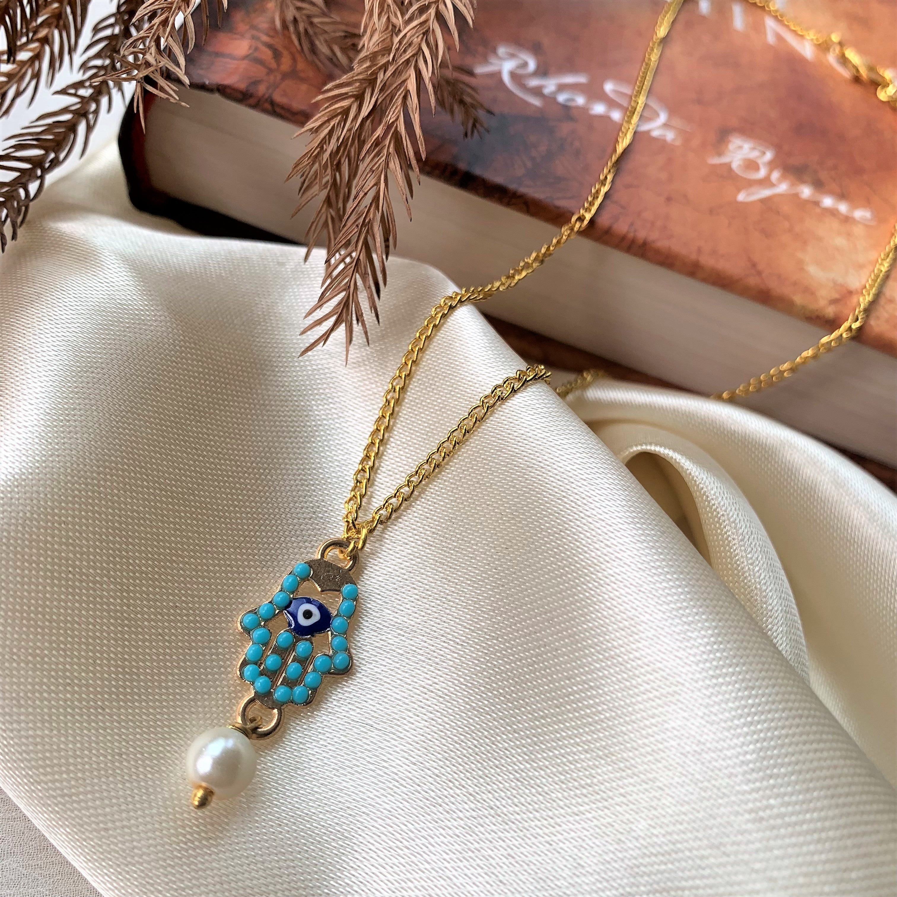 Turquoise Hamsa Hand with Evil Eye and Pearl Drop Pendant