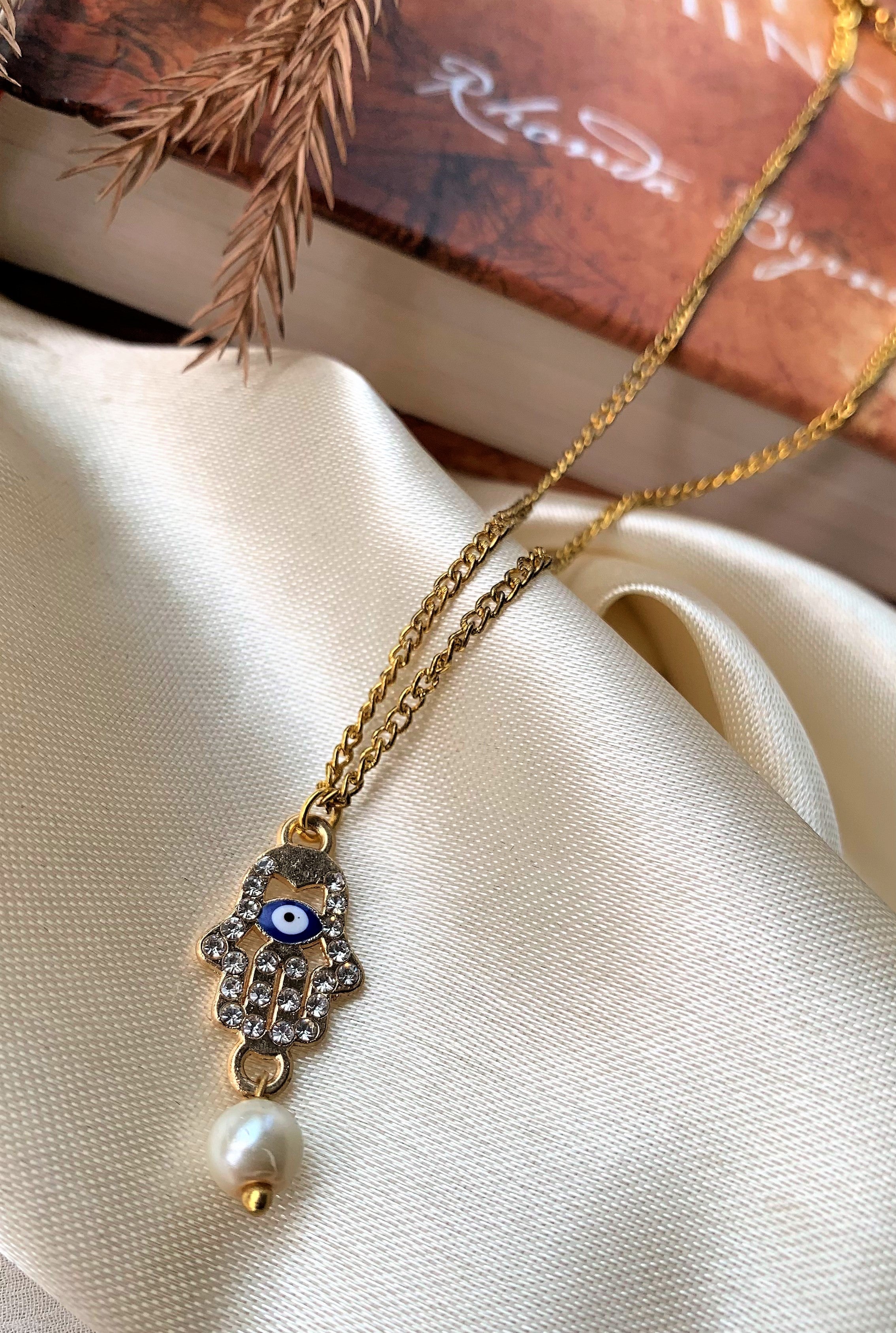 Hamsa Hand with Evil Eye and Pearl Drop Pendant