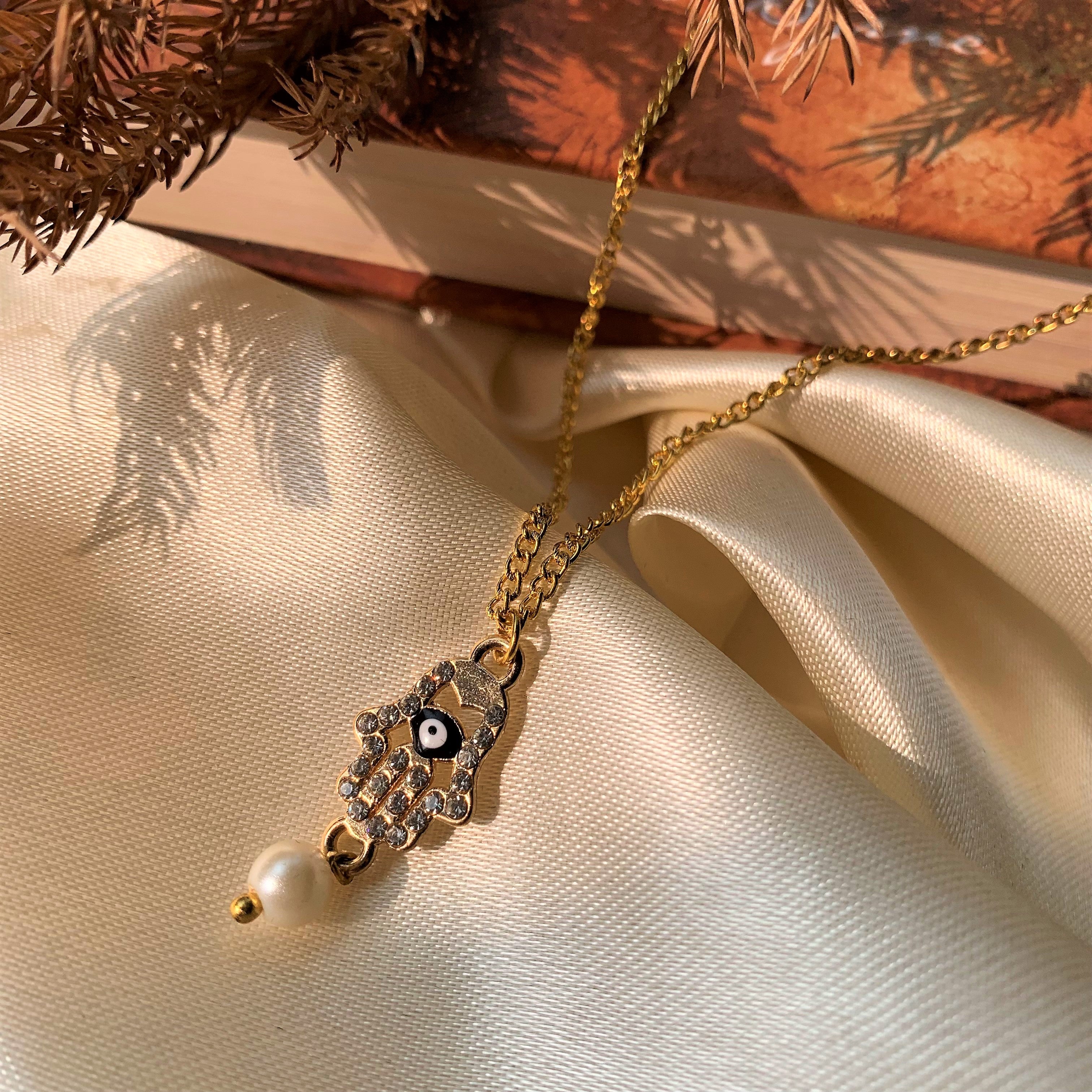 Hamsa Hand Evil Eye and Pearl Drop Pendant