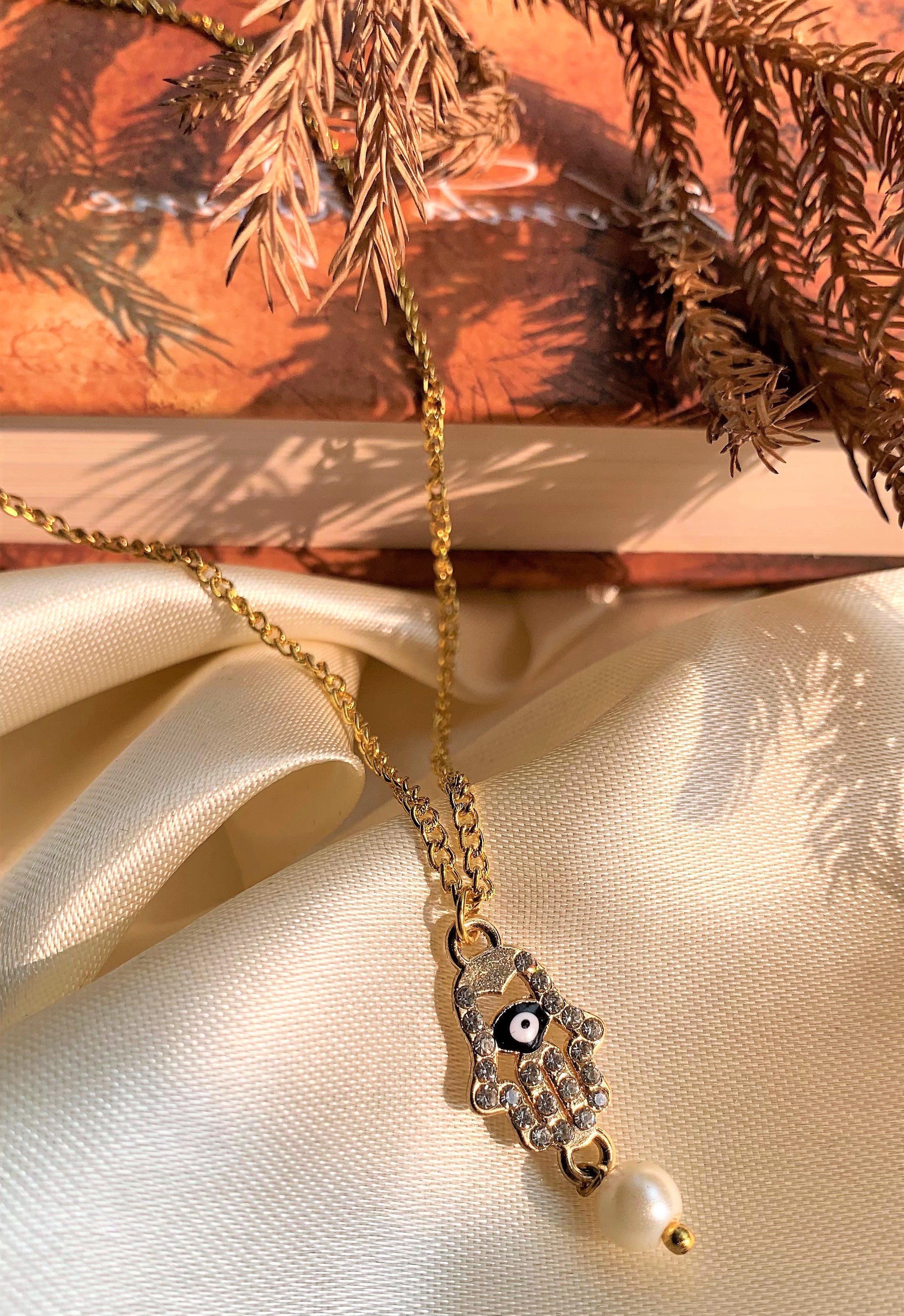 Hamsa Hand Evil Eye and Pearl Drop Pendant