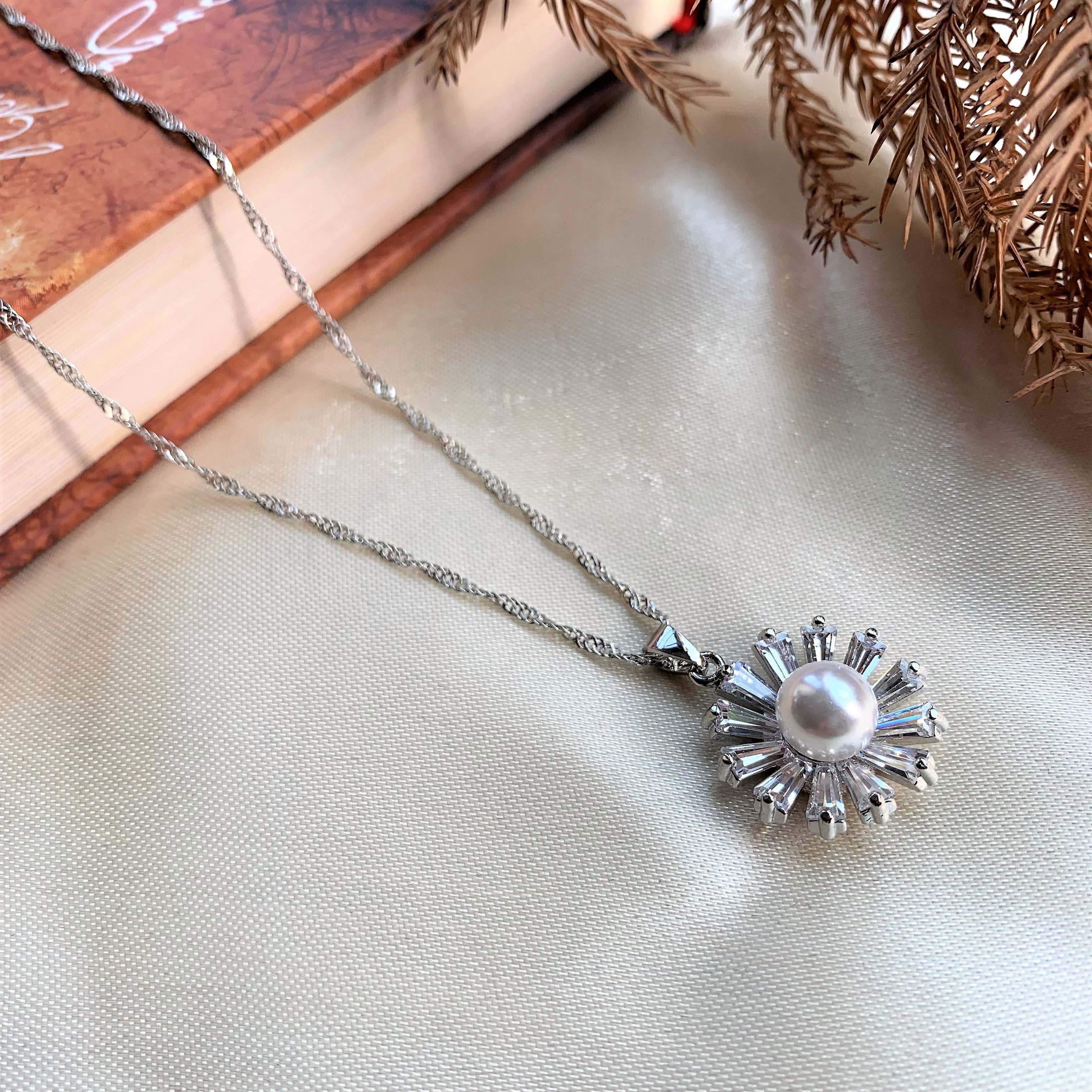 Silver Plated American Diamond Pearl Pendant