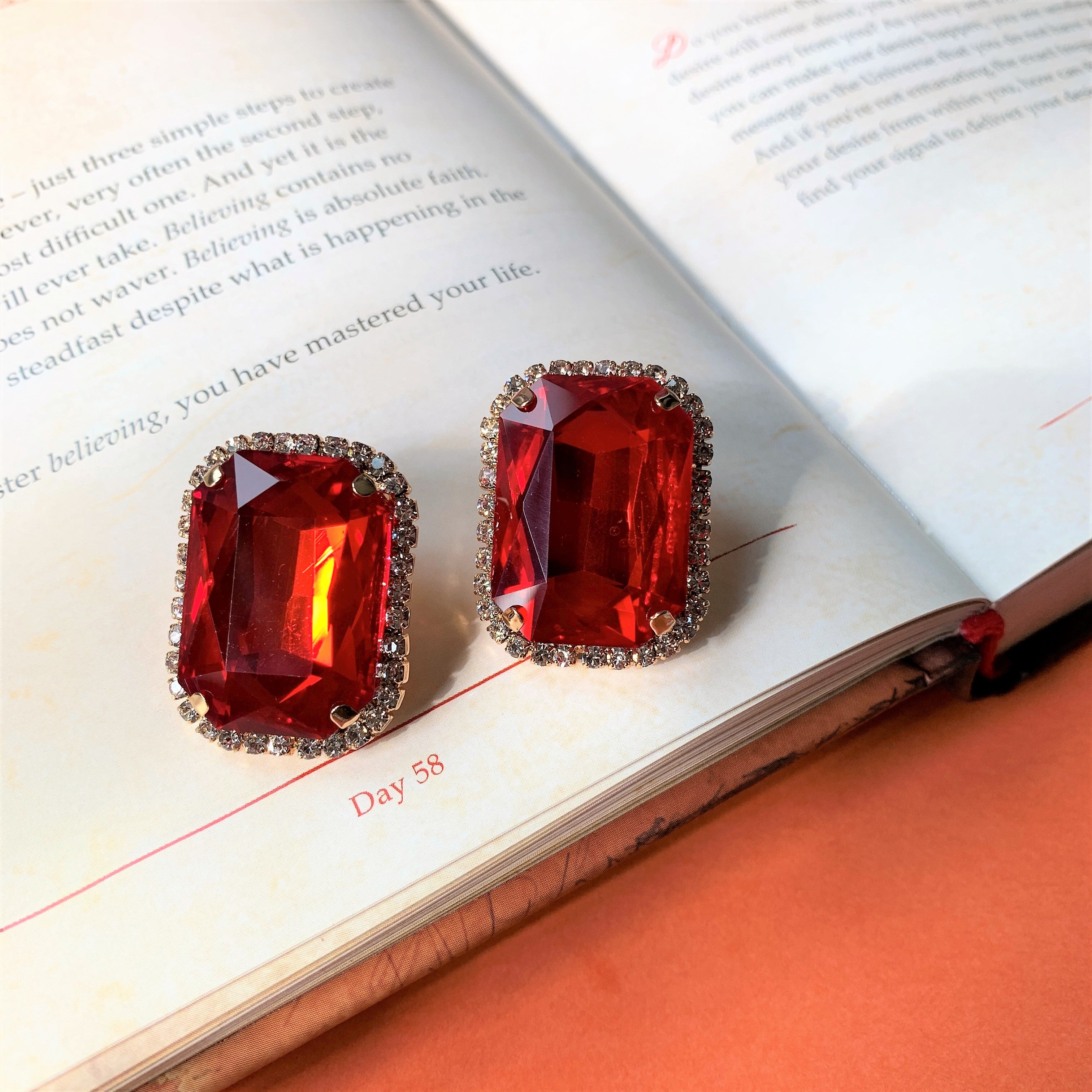 Red Big Emerald Cut Stone with American Diamonds Over Sized Ear Studs