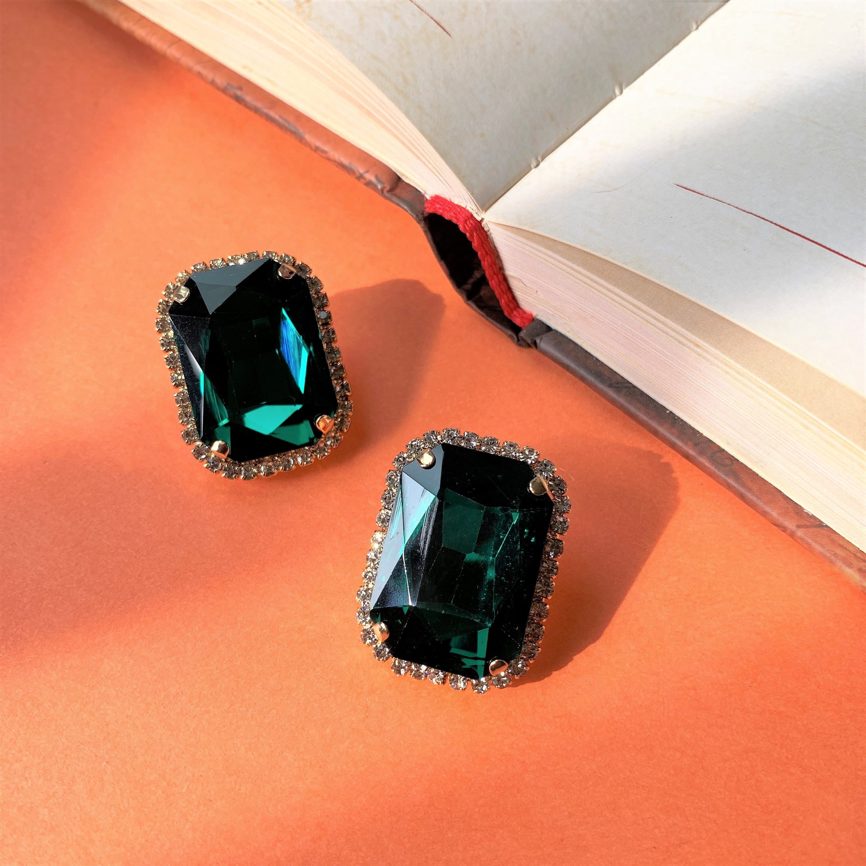 Green Big Emerald Cut Stone with American Diamonds Over Sized Ear Studs