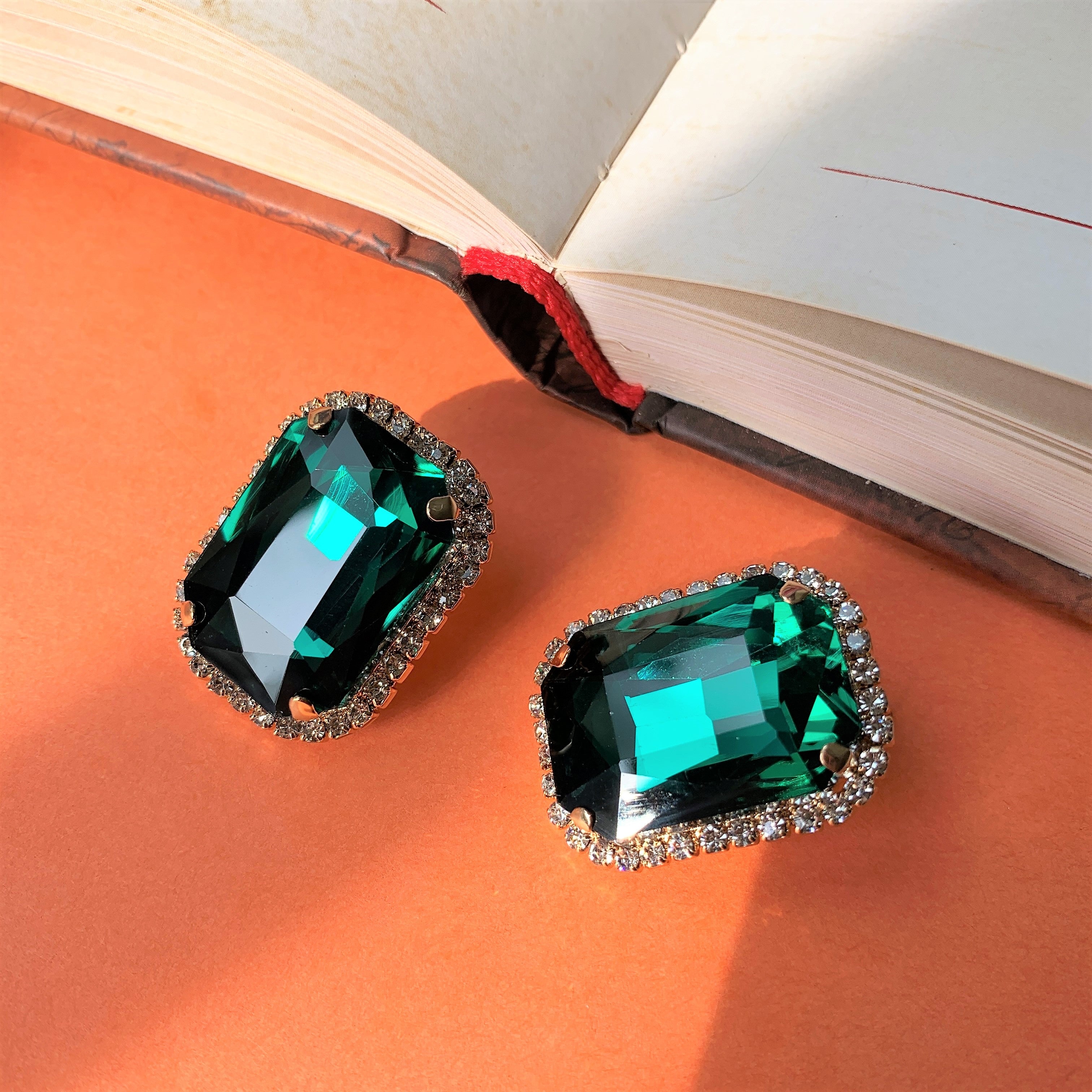 Green Big Emerald Cut Stone with American Diamonds Over Sized Ear Studs