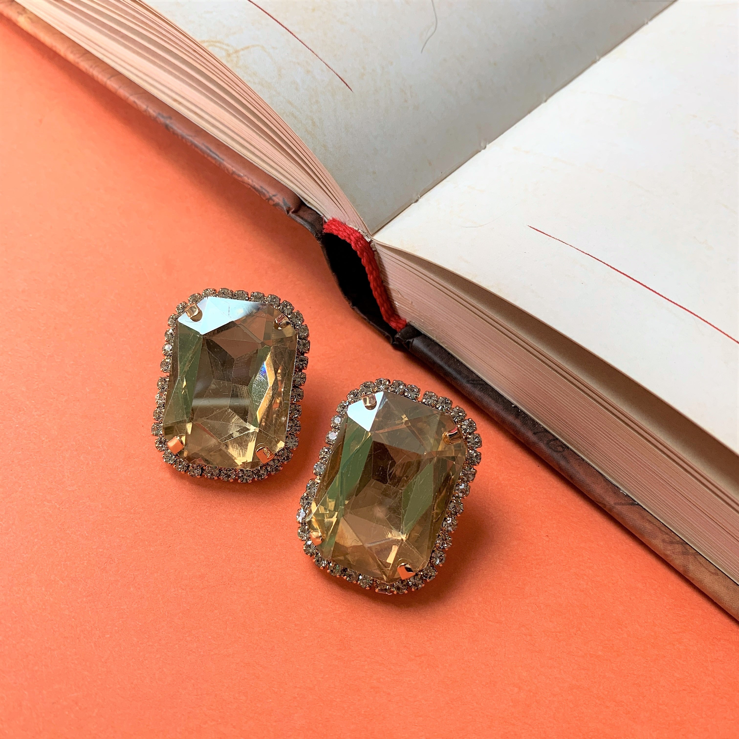 Yellow Big Emerald Cut Stone with American Diamonds Over Sized Ear Studs
