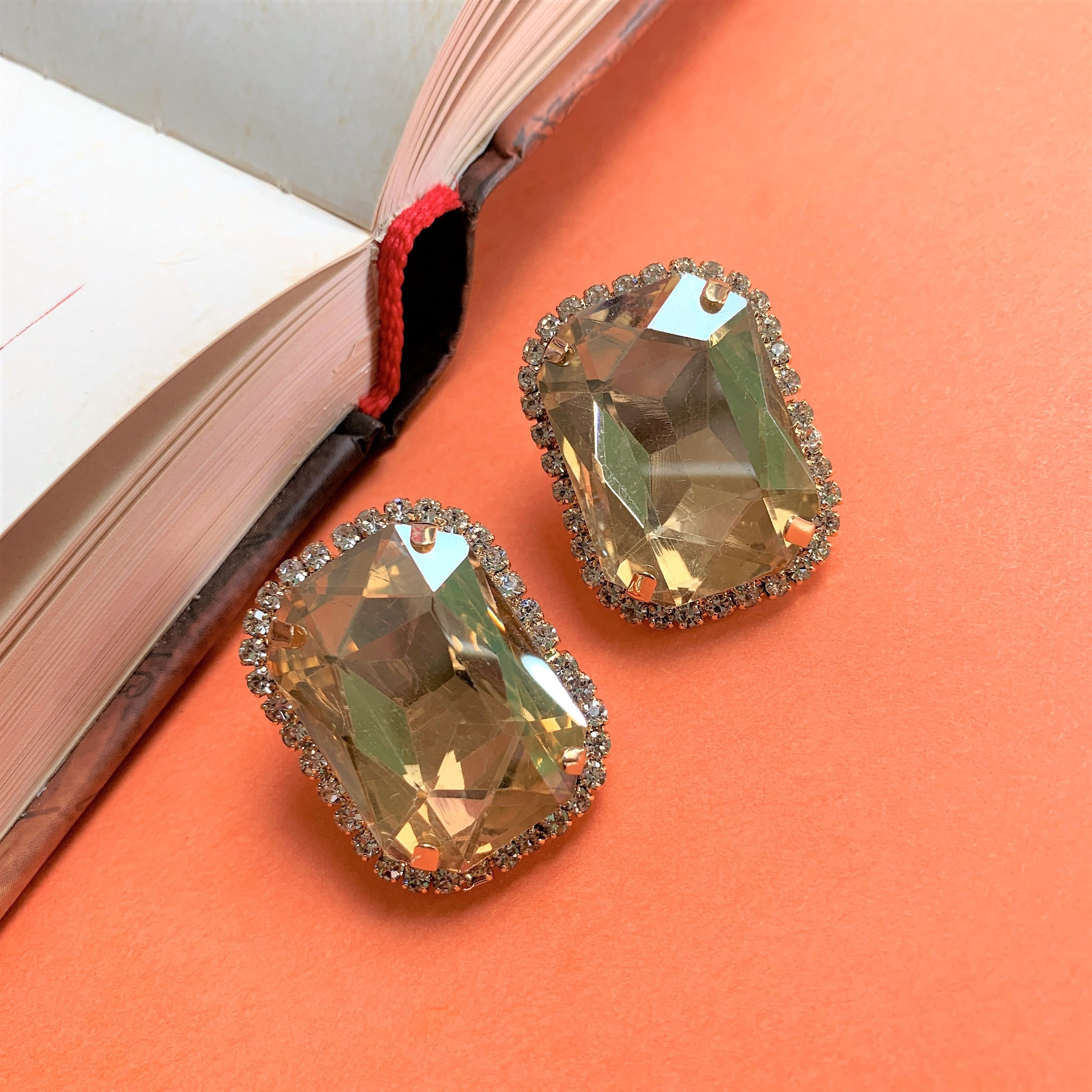 Yellow Big Emerald Cut Stone with American Diamonds Over Sized Ear Studs