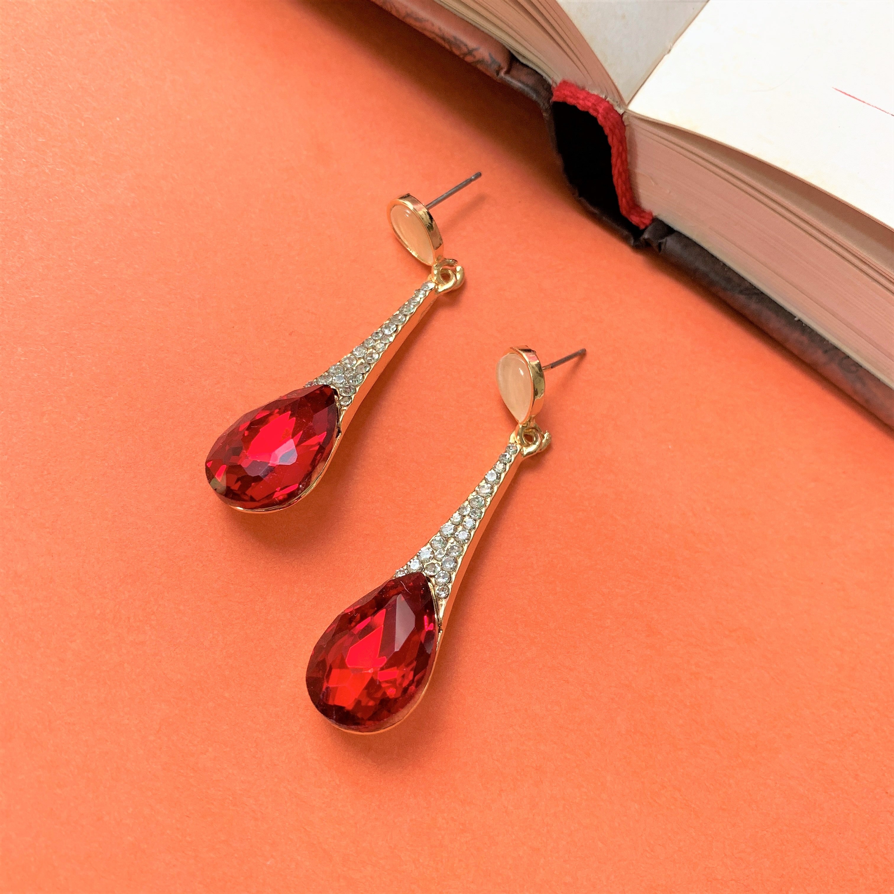 Pear Cut Red Stone Dangling Earring with American Diamonds