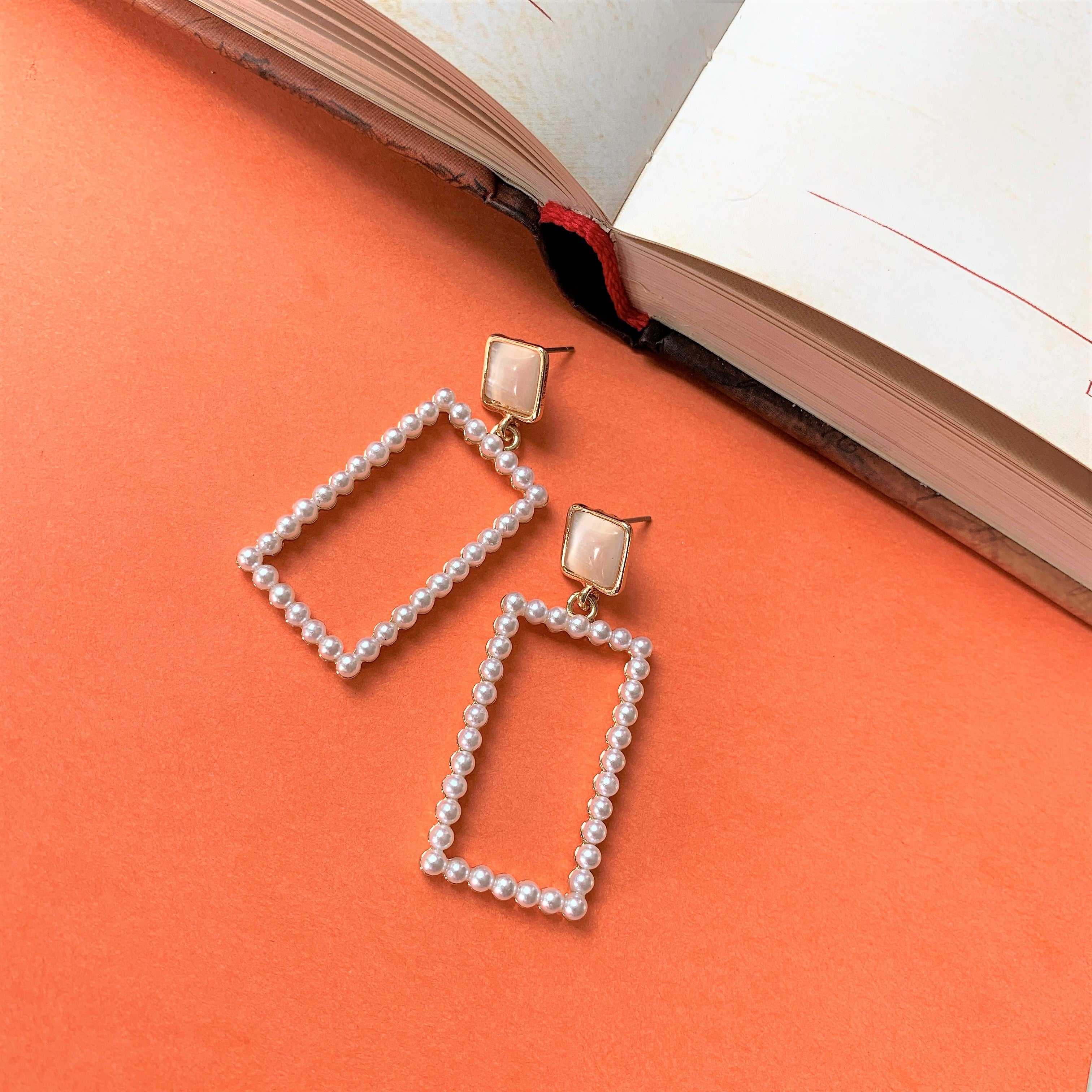 Gold Plated Pearl Rectangular Dangler Earring