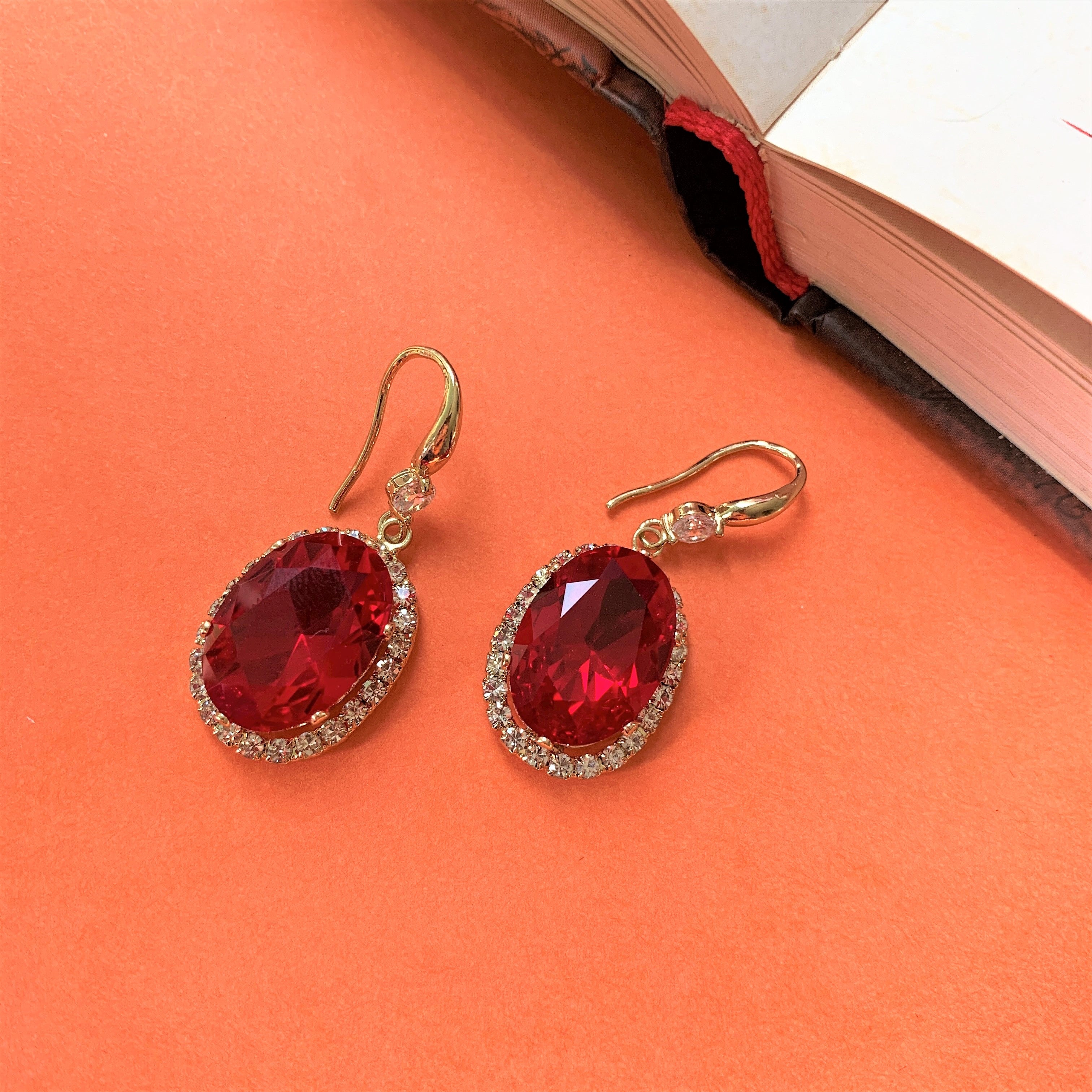 Oval Cut Red Stone Dangling Hook Earring with American Diamonds