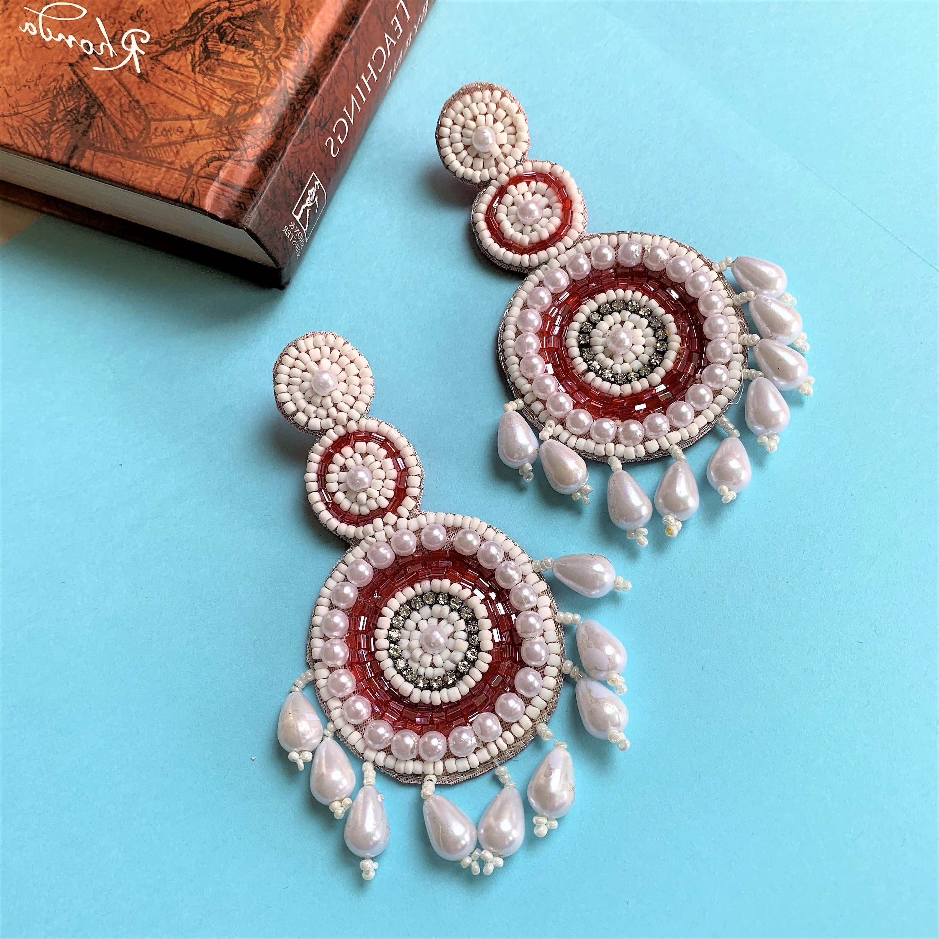 Red and White Coloured Beaded Embroidery Long Dangling Earring with Pearl Drops