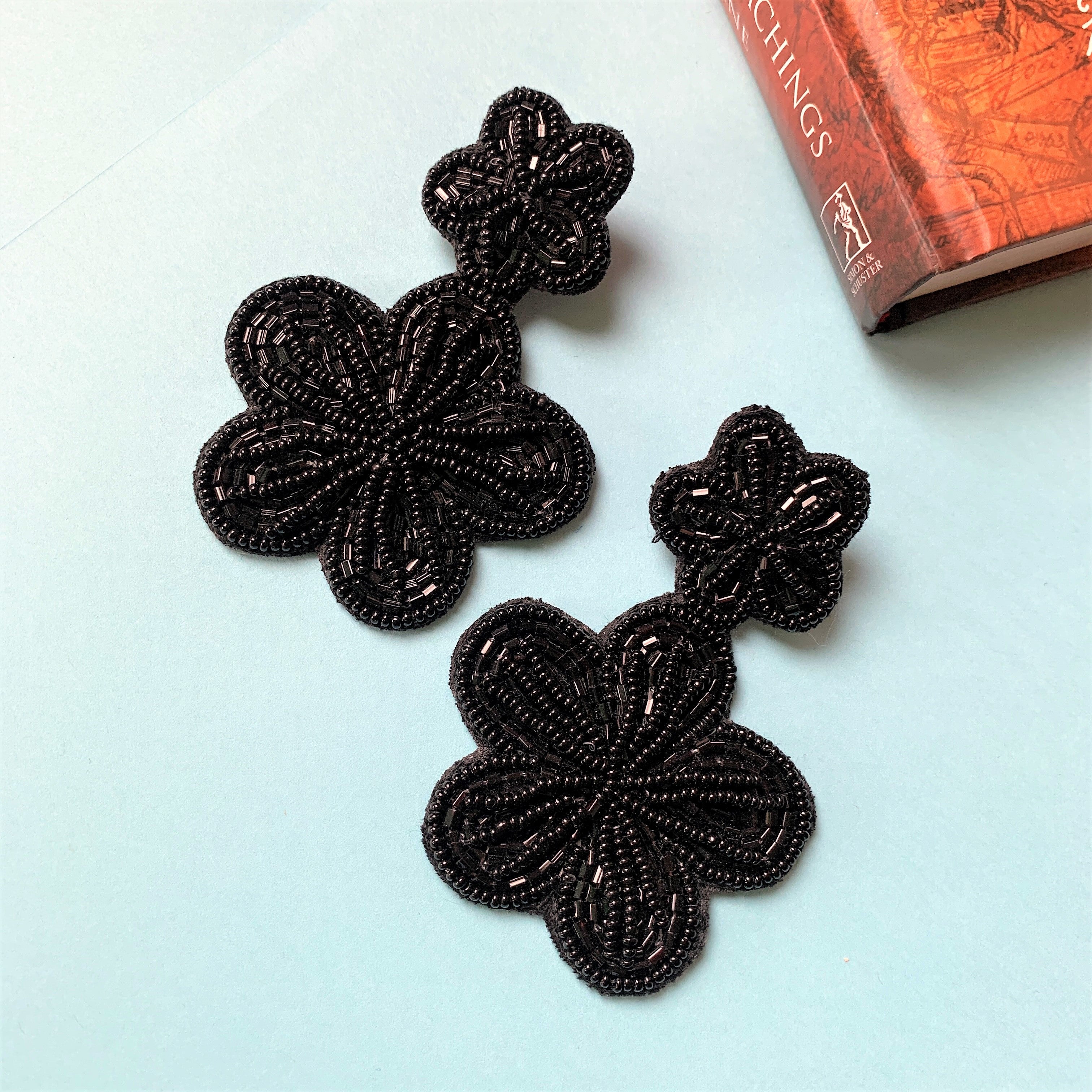 Black Coloured Beaded Embroidery Long Dangling Earring