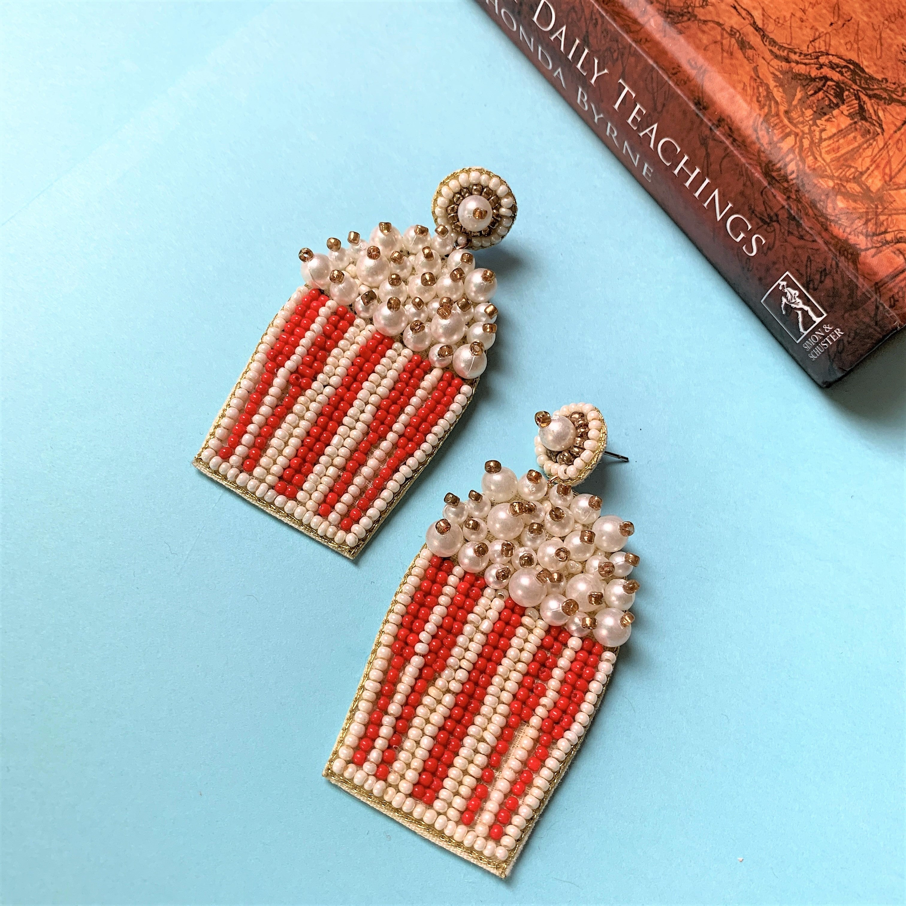 Red and White Coloured Beaded Embroidery Long Dangling Earring