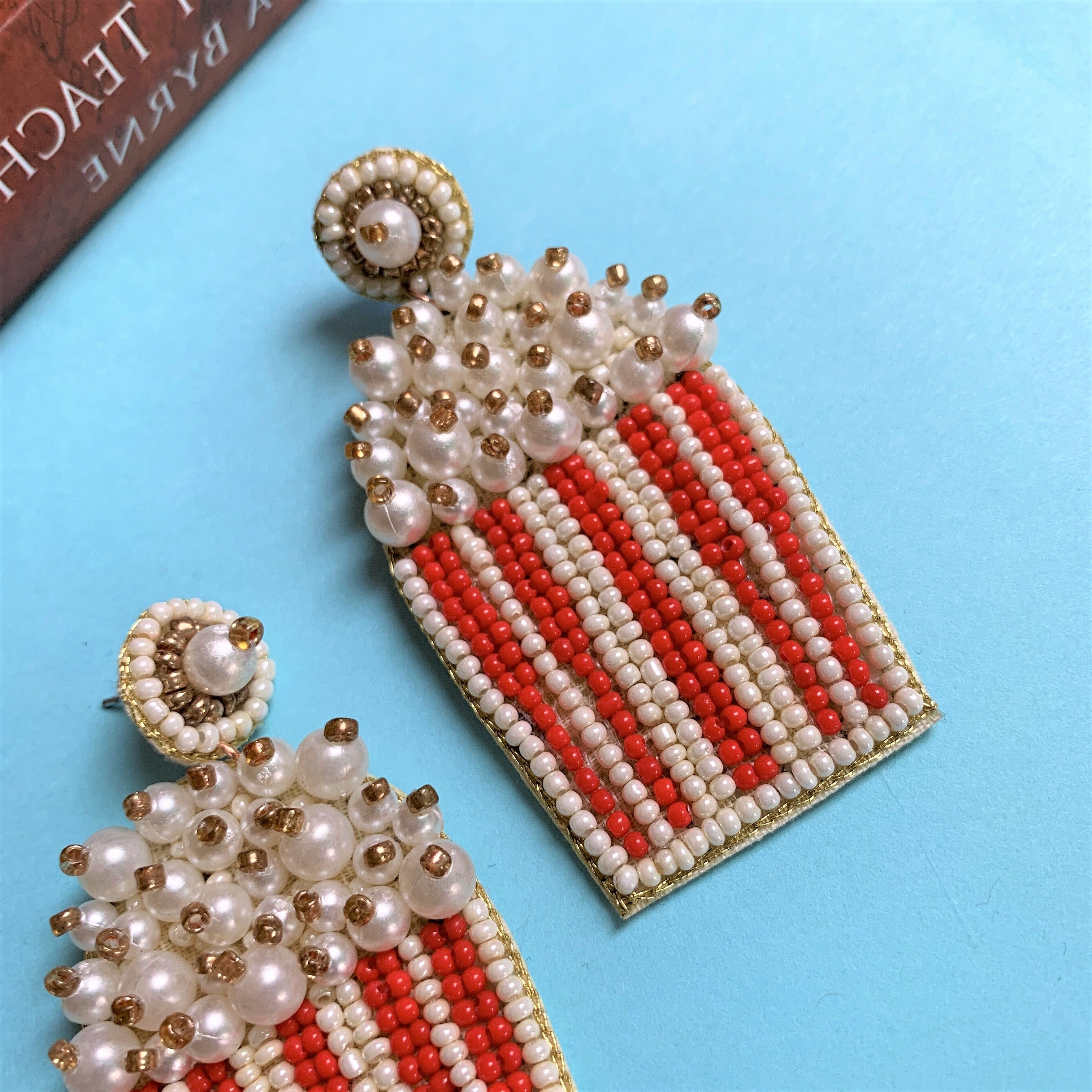 Red and White Coloured Beaded Embroidery Long Dangling Earring