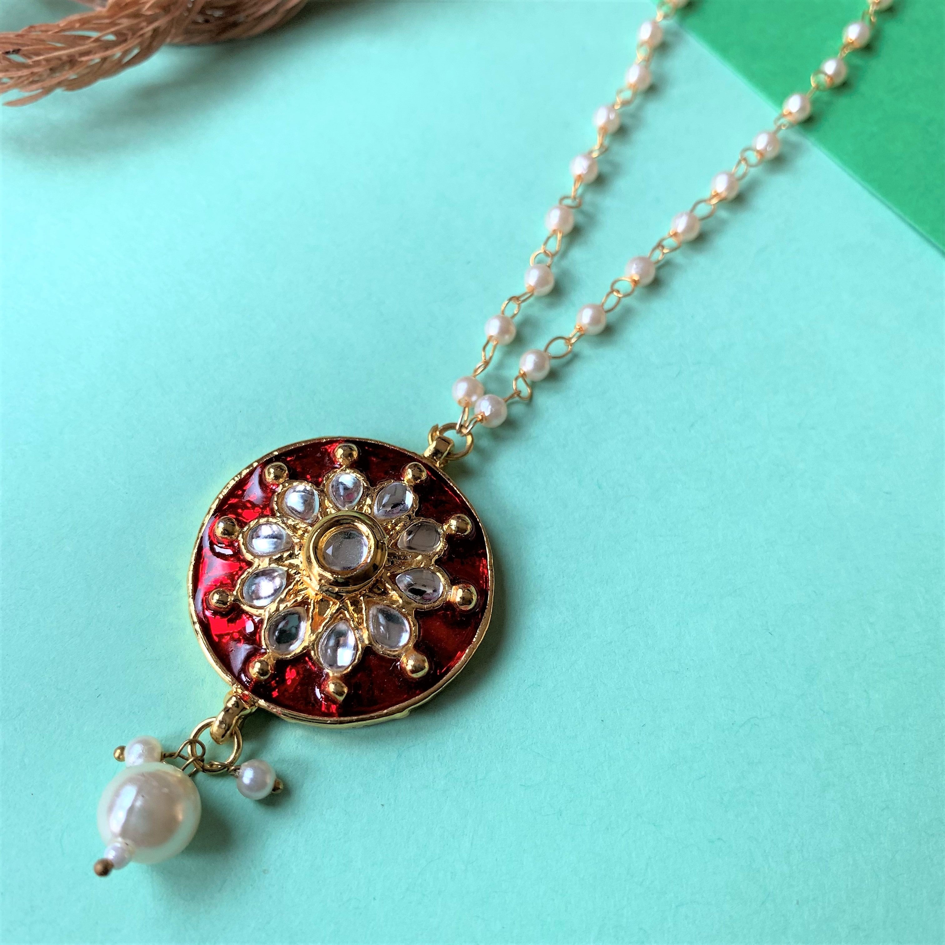 Kundan Element with Red Enamel and Pearl String Necklace