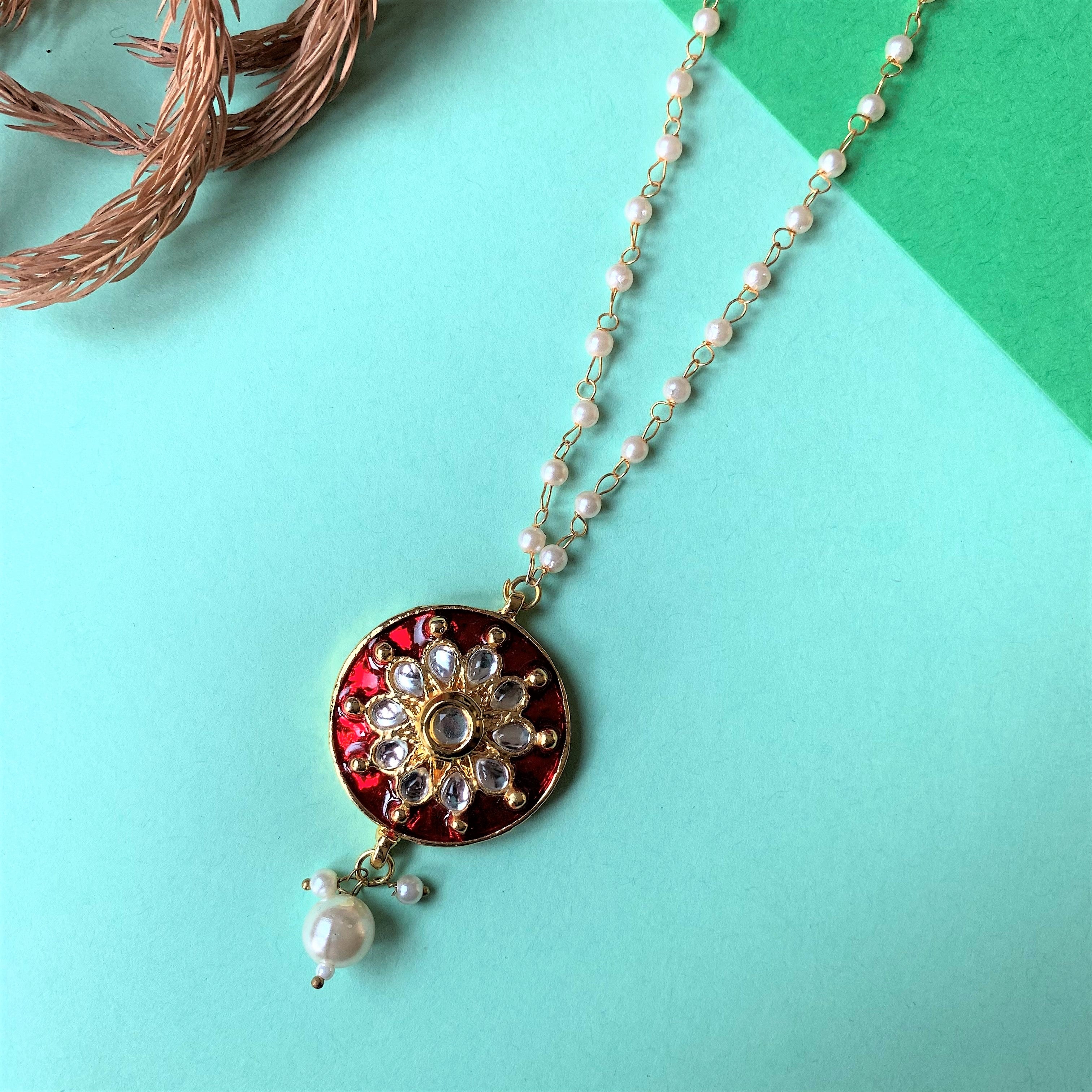 Kundan Element with Red Enamel and Pearl String Necklace