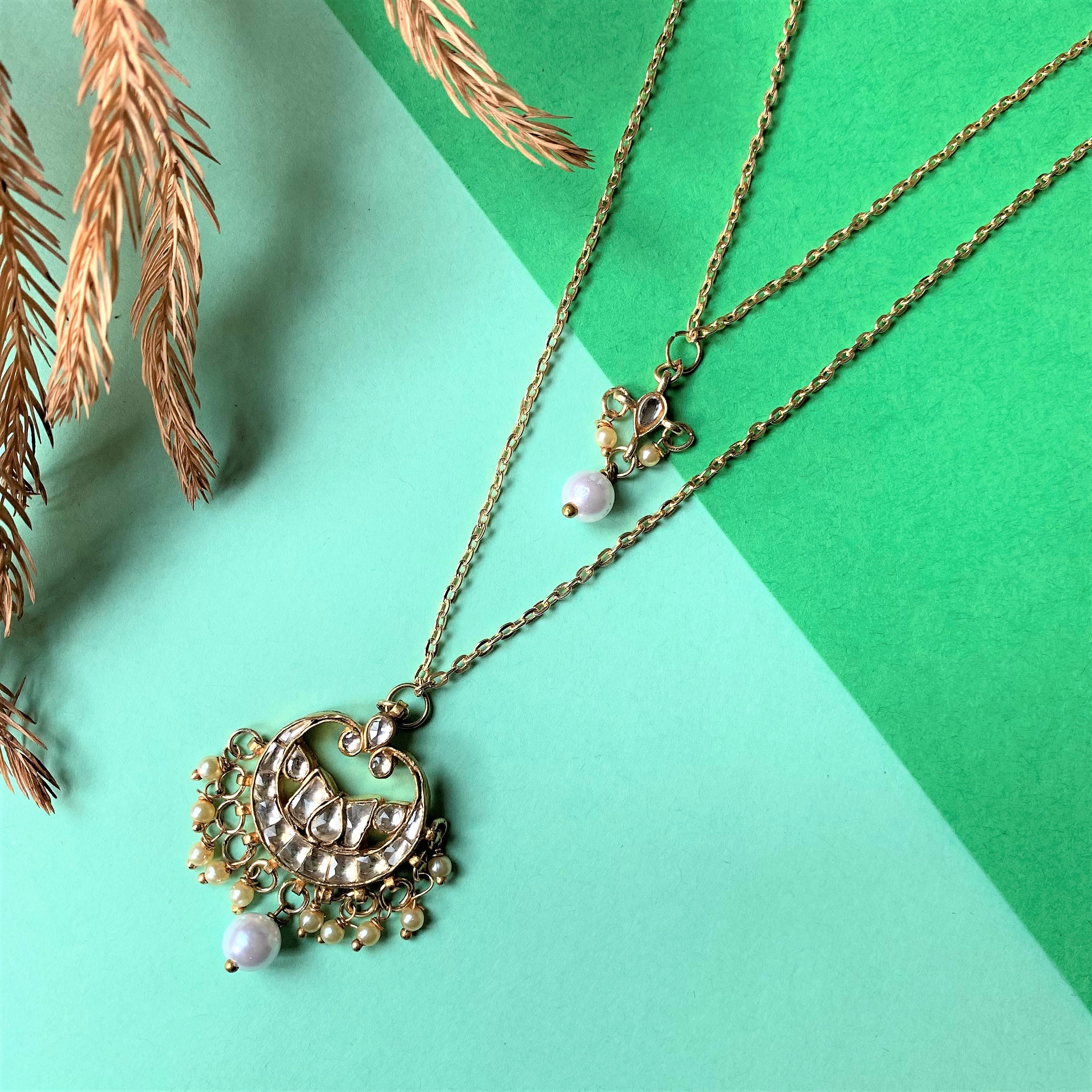 Gold Plated Double Layer Kundan And Pearl Chain Necklace