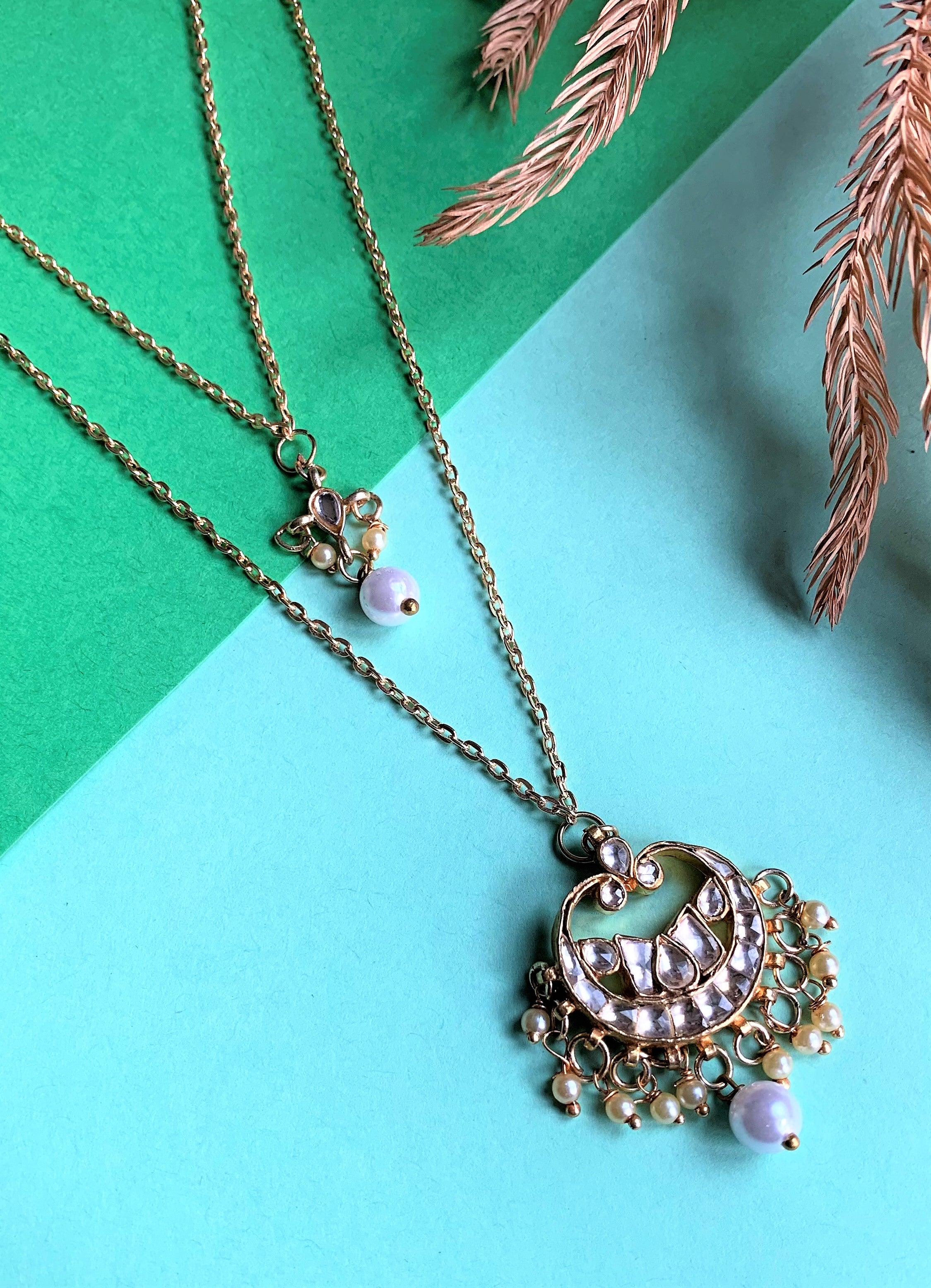 Gold Plated Double Layer Kundan And Pearl Chain Necklace