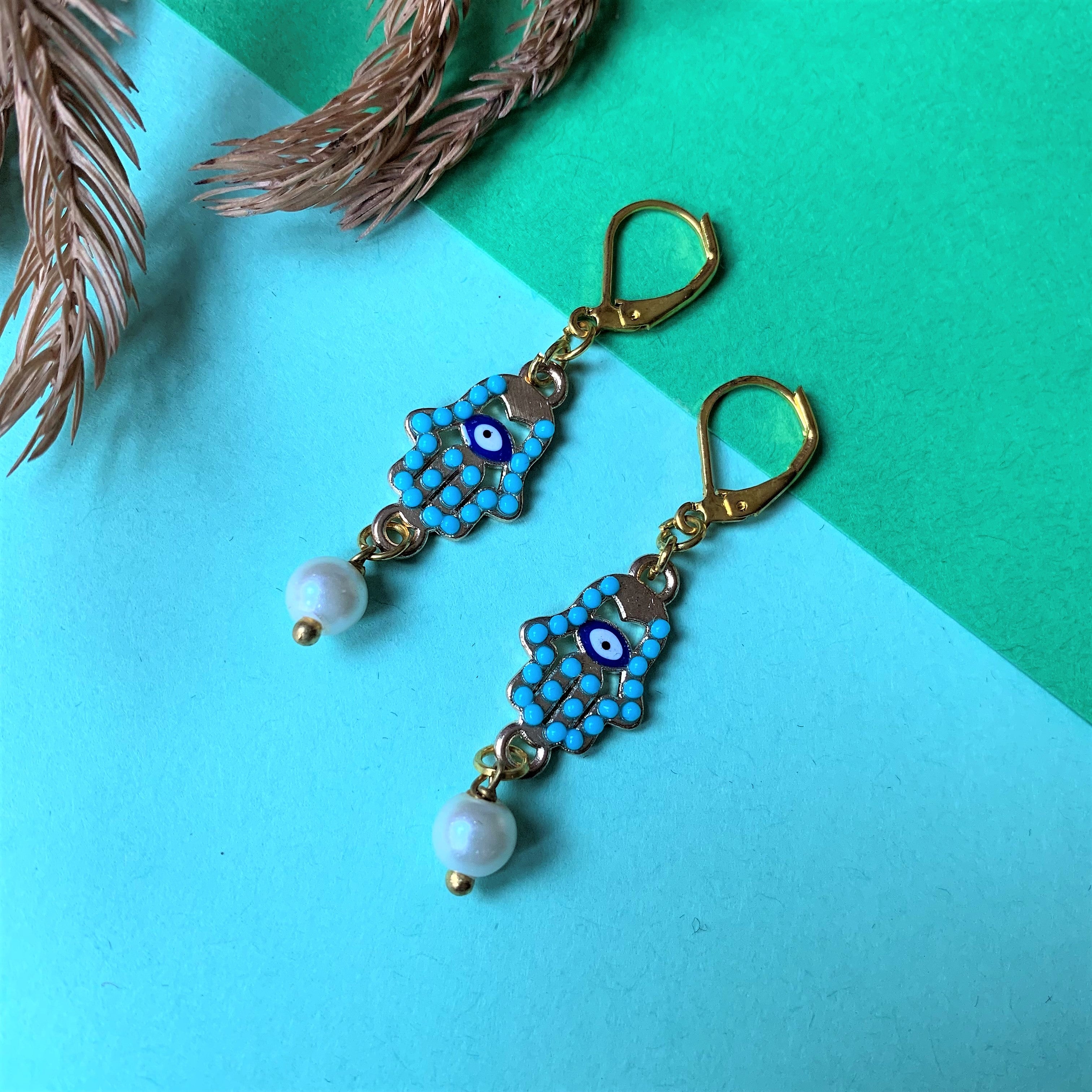 Hamsa Hand with Evil Eye and Turquoise Stones and Pearl Drops hook earring