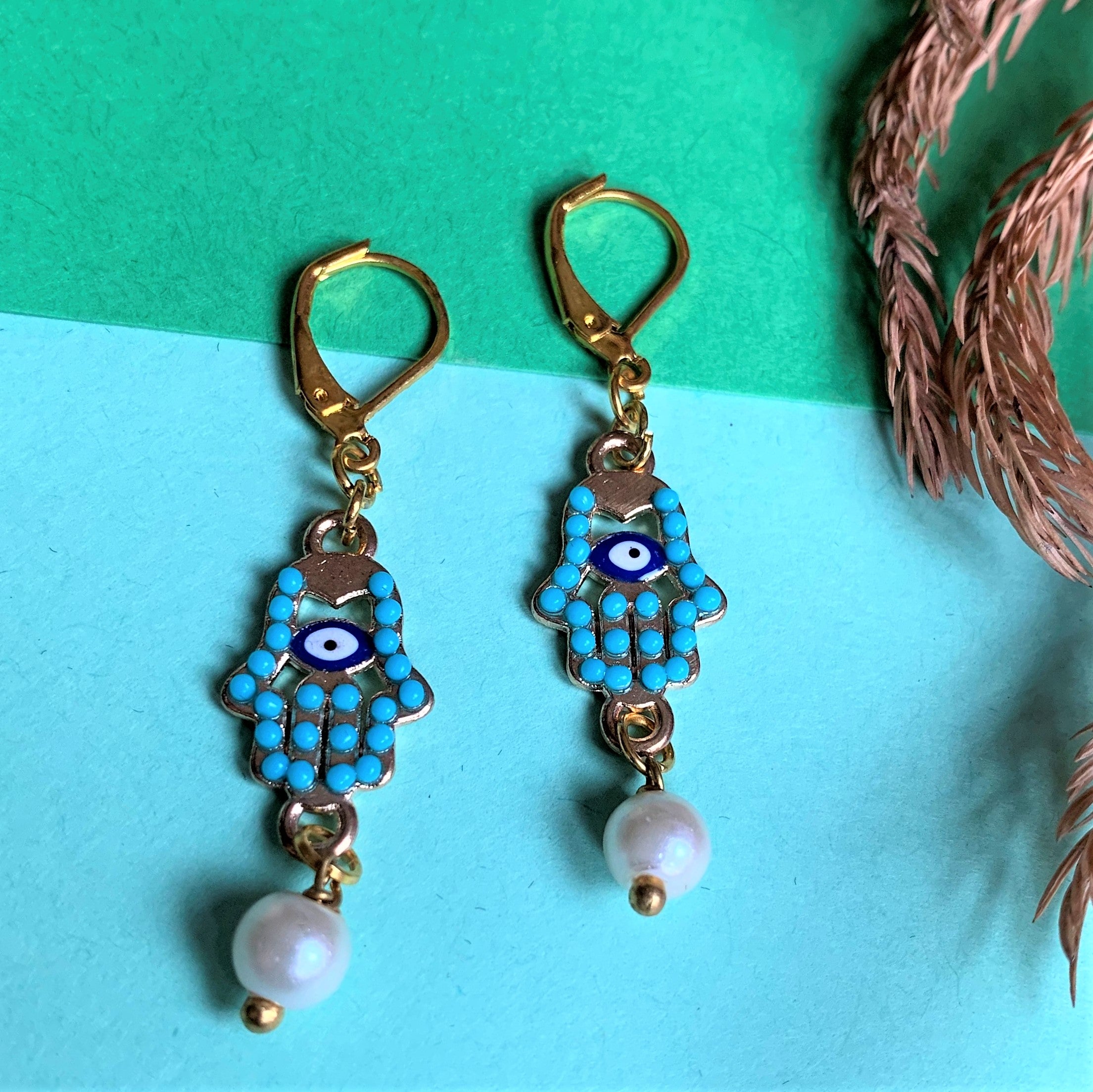 Hamsa Hand with Evil Eye and Turquoise Stones and Pearl Drops hook earring