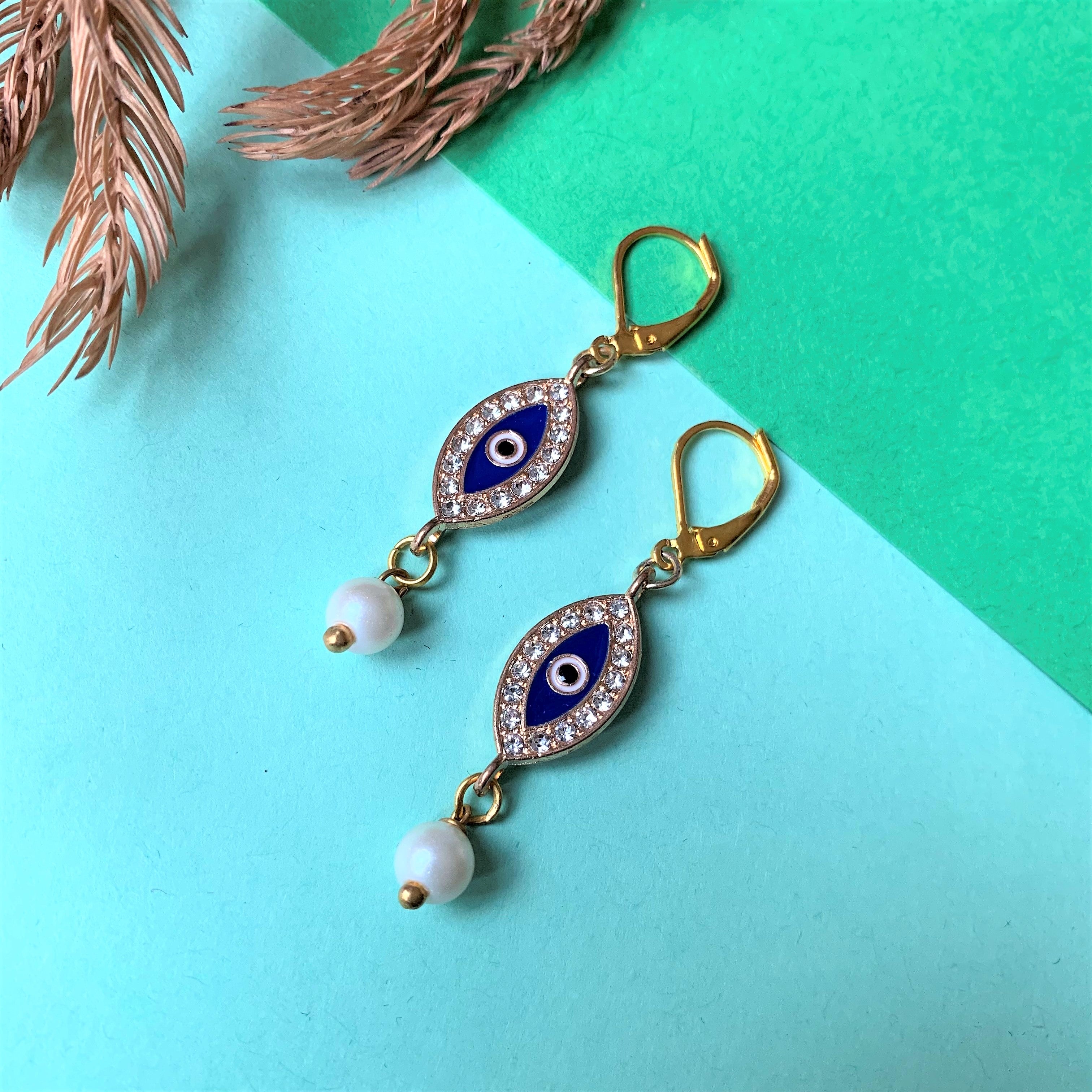 Evil Eye with American Diamond and Pearl Drops hook earring