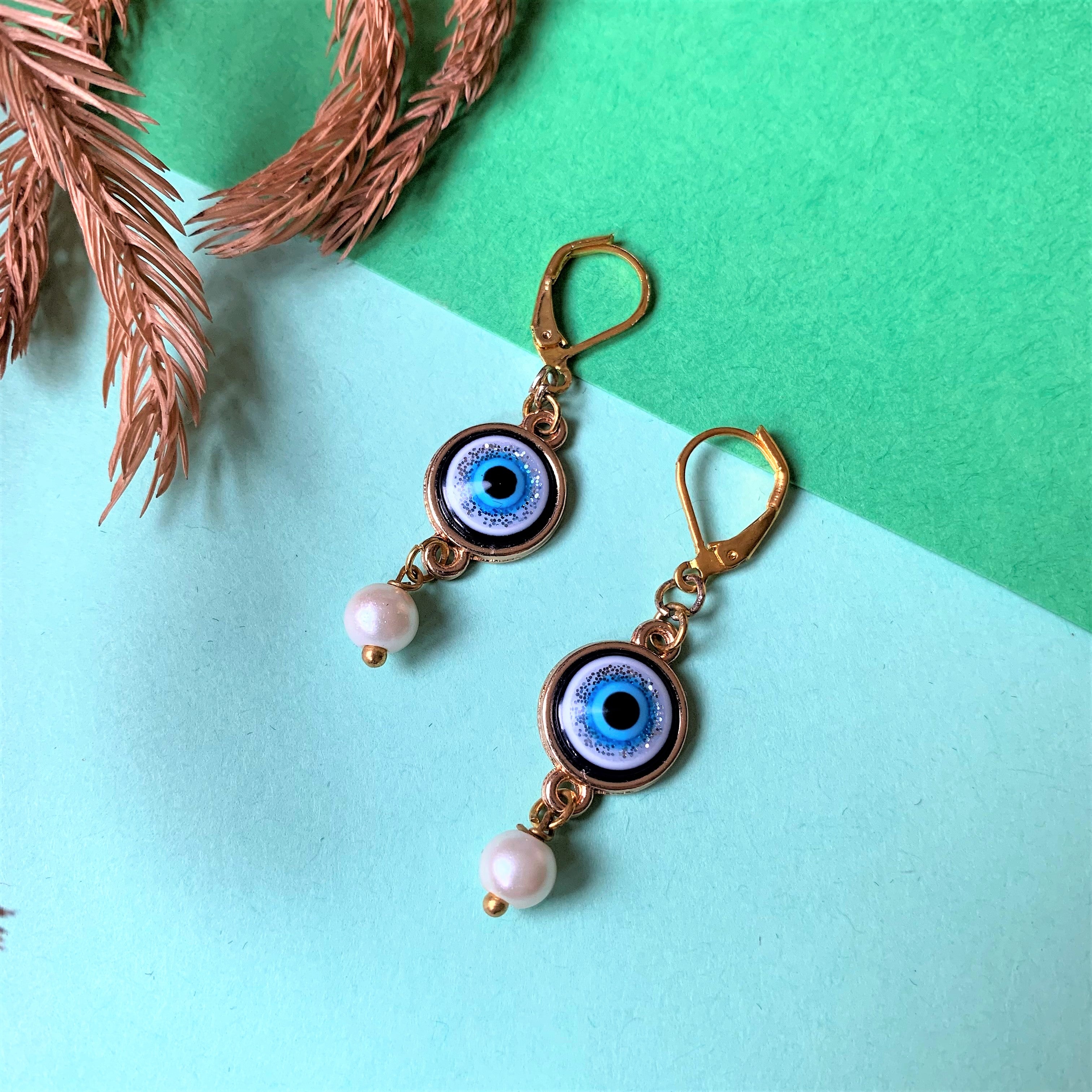 Round Evil Eye and Pearl Drops hook earring