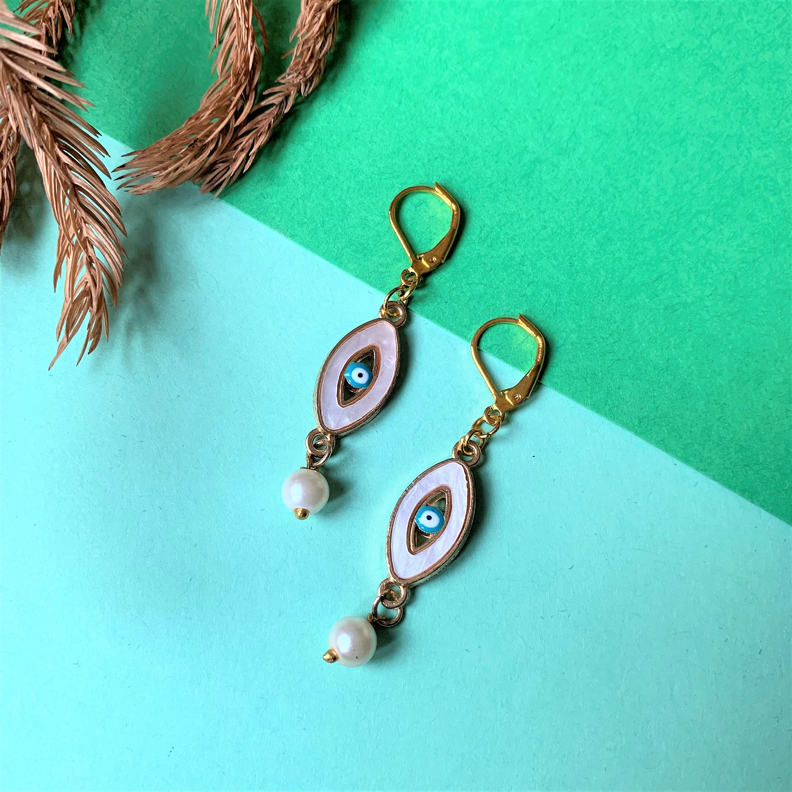 Evil Eye on Mother of Pearl Stone and Pearl Drops hook earring