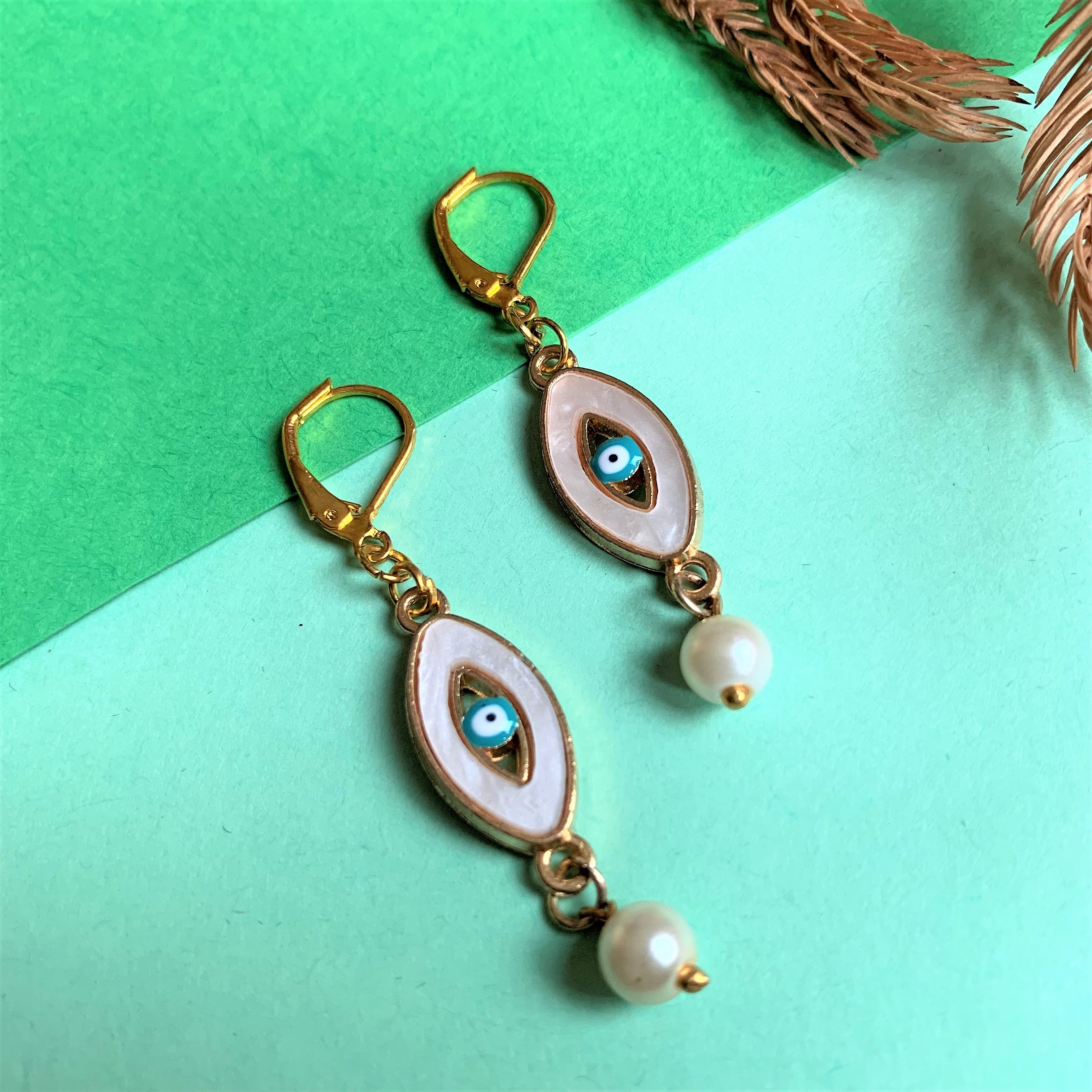 Evil Eye on Mother of Pearl Stone and Pearl Drops hook earring