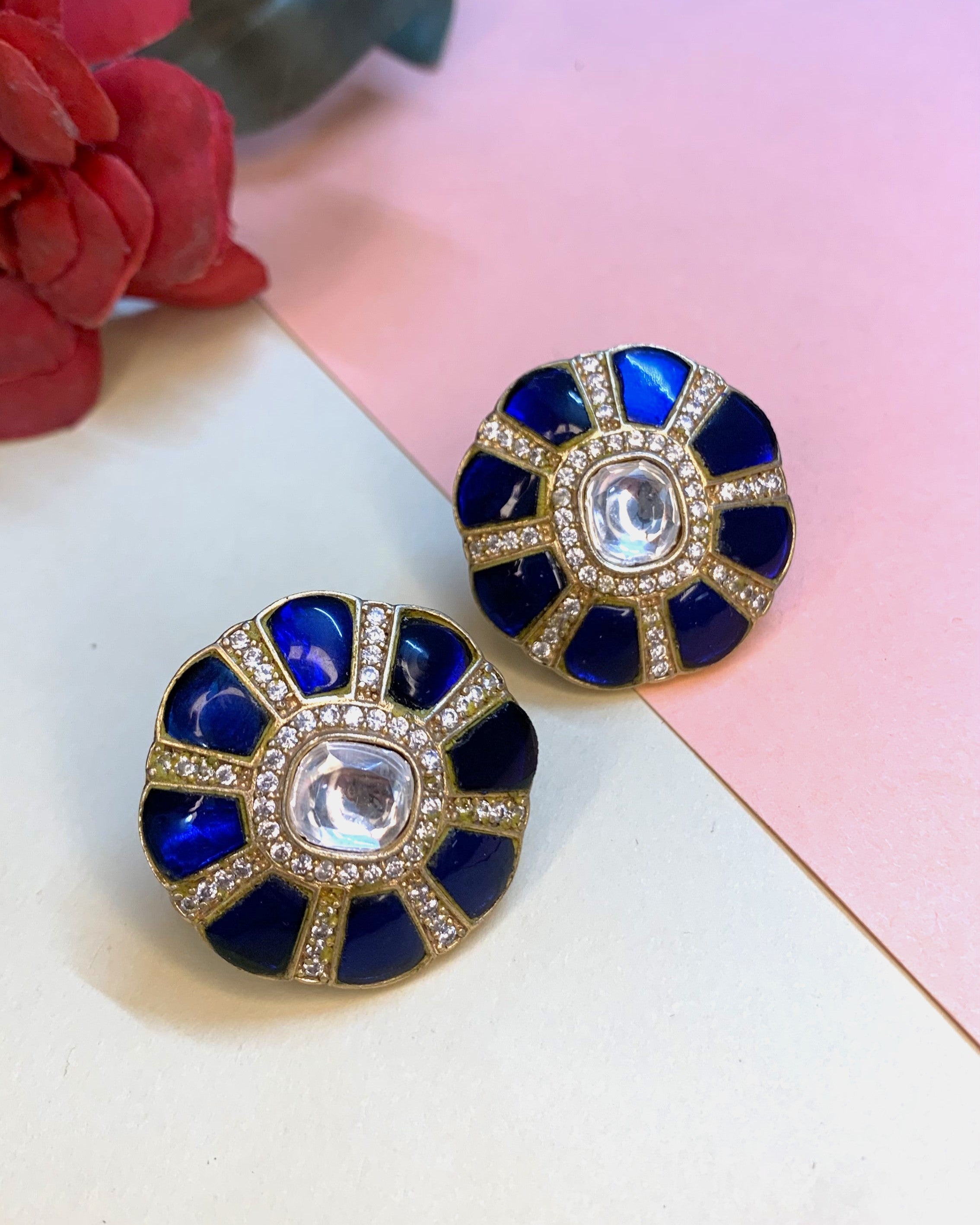 OZEL GOLD PLATED KUNDAN MOISSONITE POLKI AND BLUE STONE STUDDED EAR STUDS