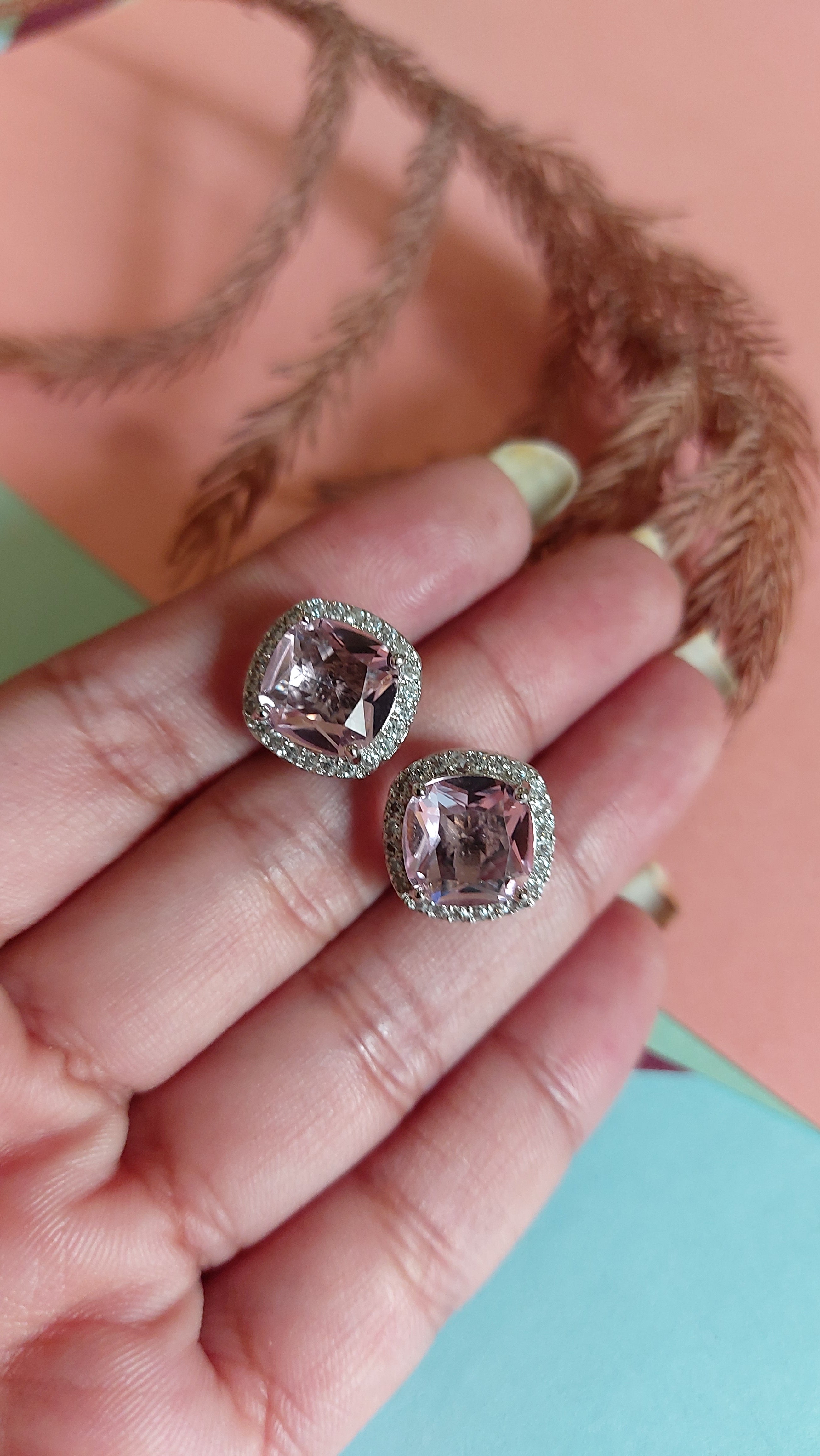 PINK ROSE QUARTZ WITH AMERICAN DIAMOND EAR STUDS