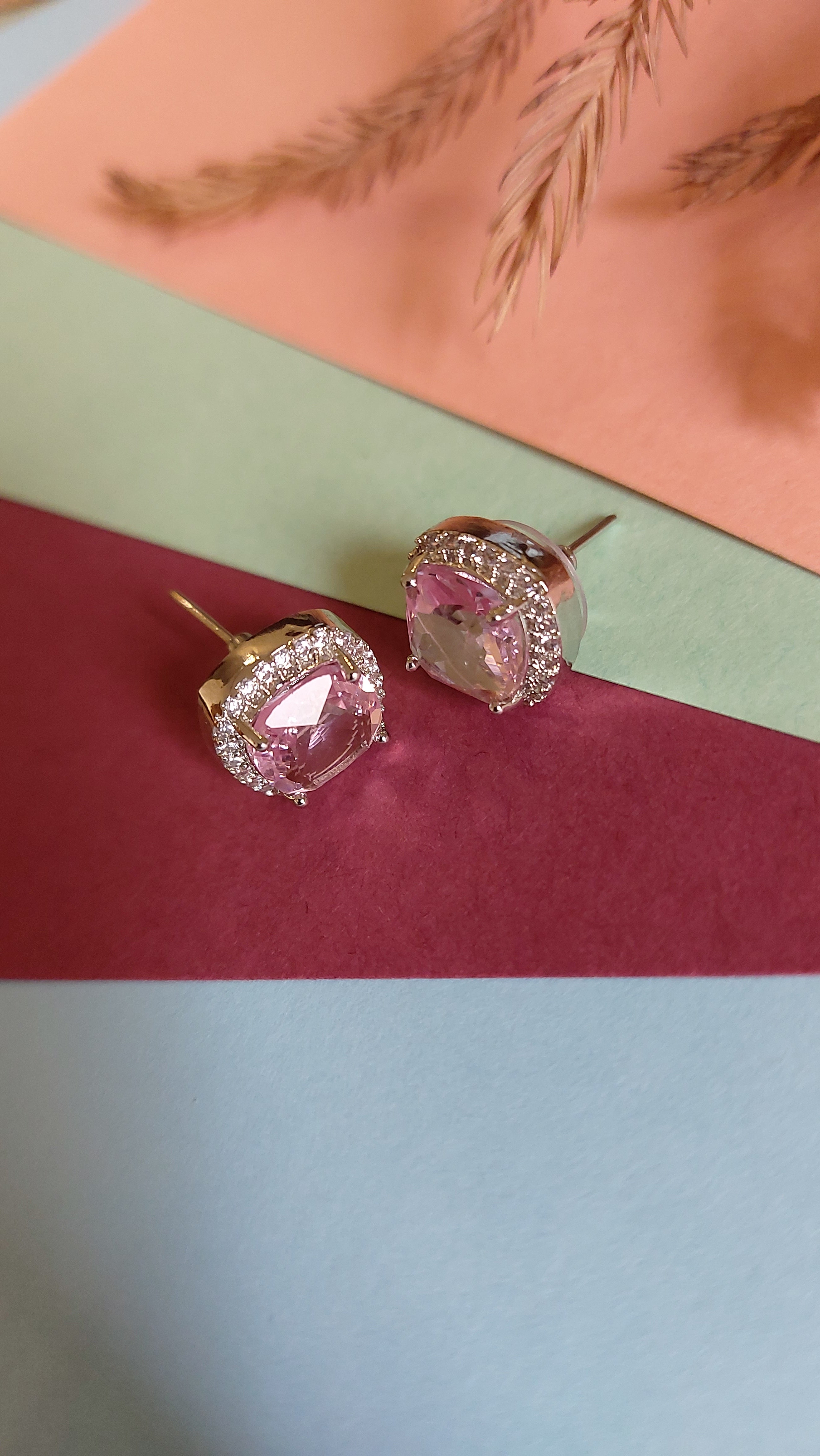 PINK ROSE QUARTZ WITH AMERICAN DIAMOND EAR STUDS