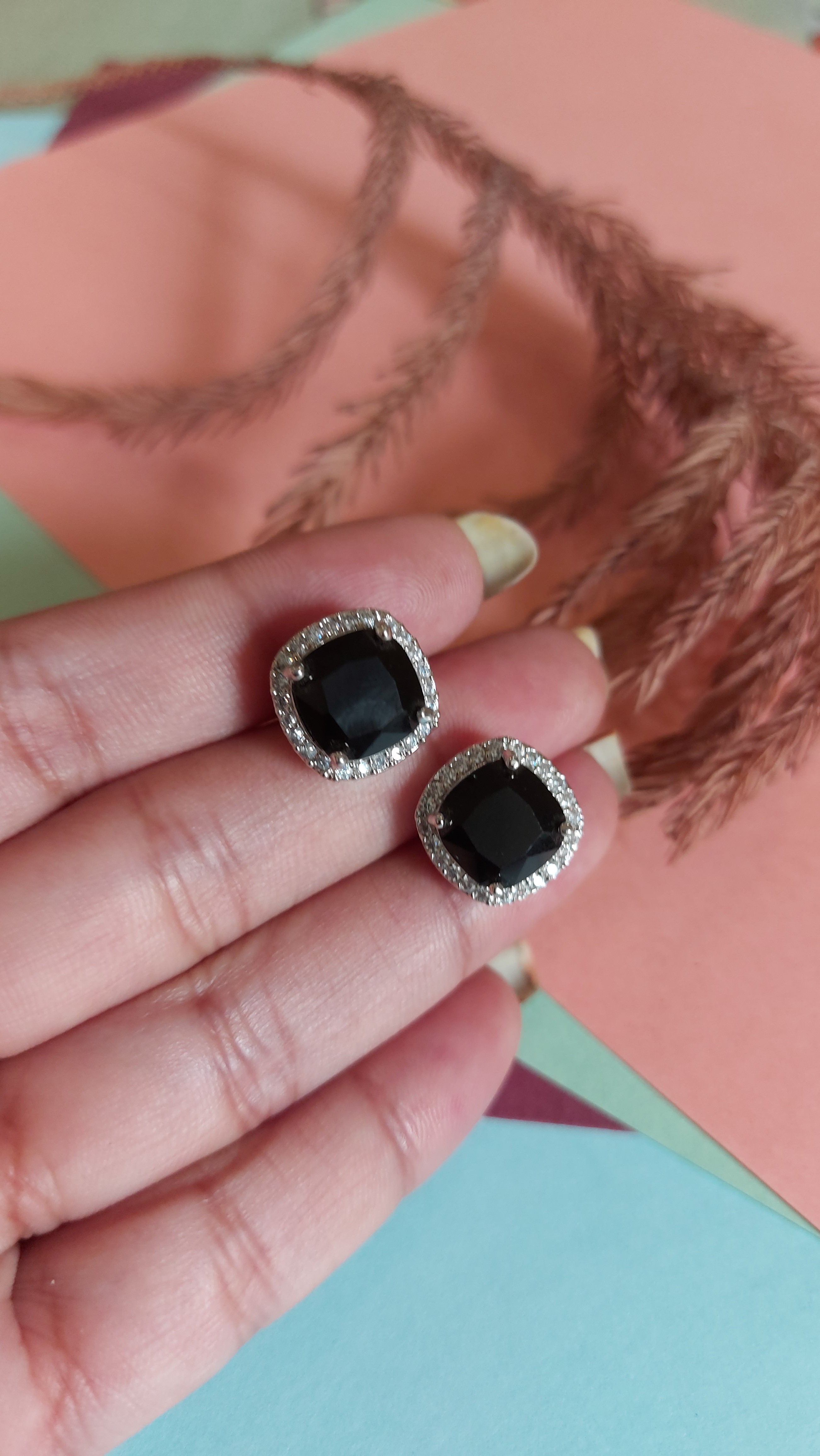 BLACK QUARTZ WITH AMERICAN DIAMOND EAR STUDS