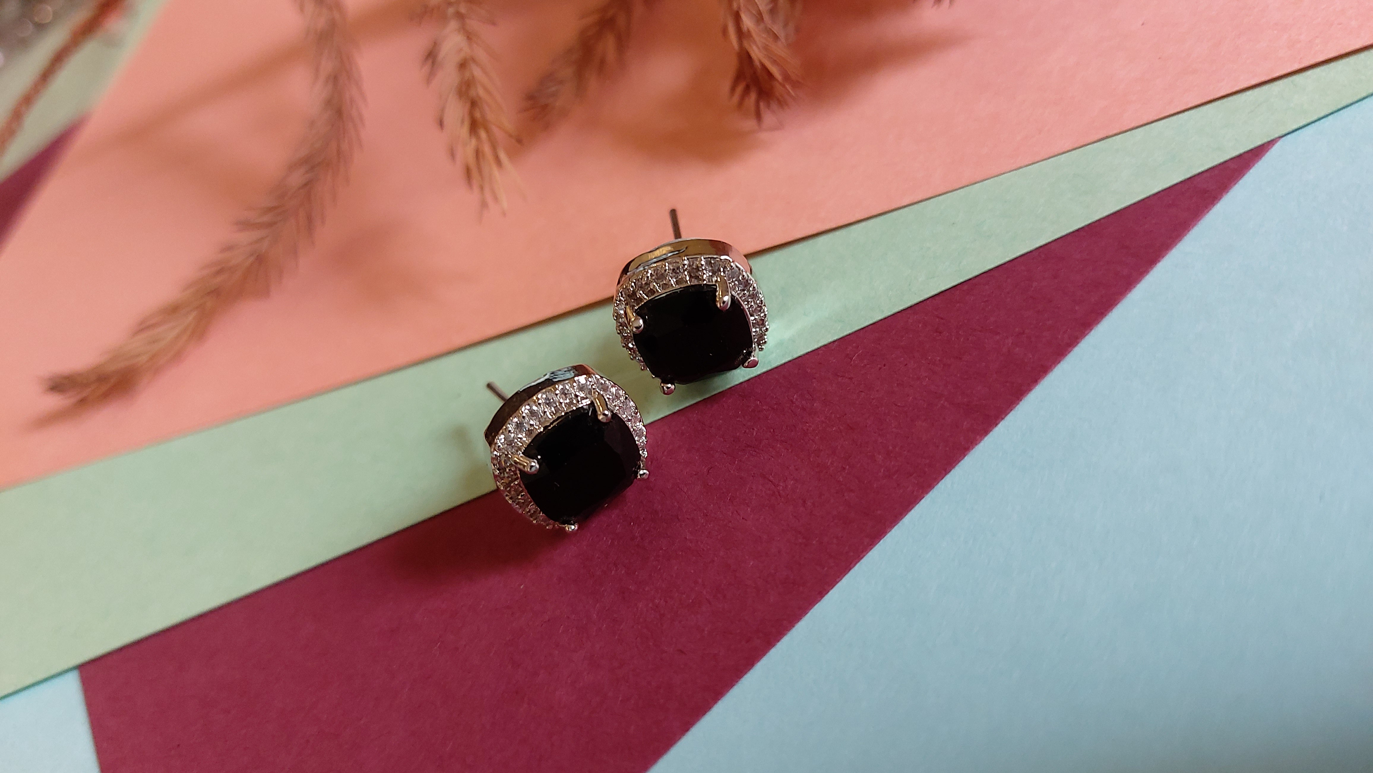 BLACK QUARTZ WITH AMERICAN DIAMOND EAR STUDS