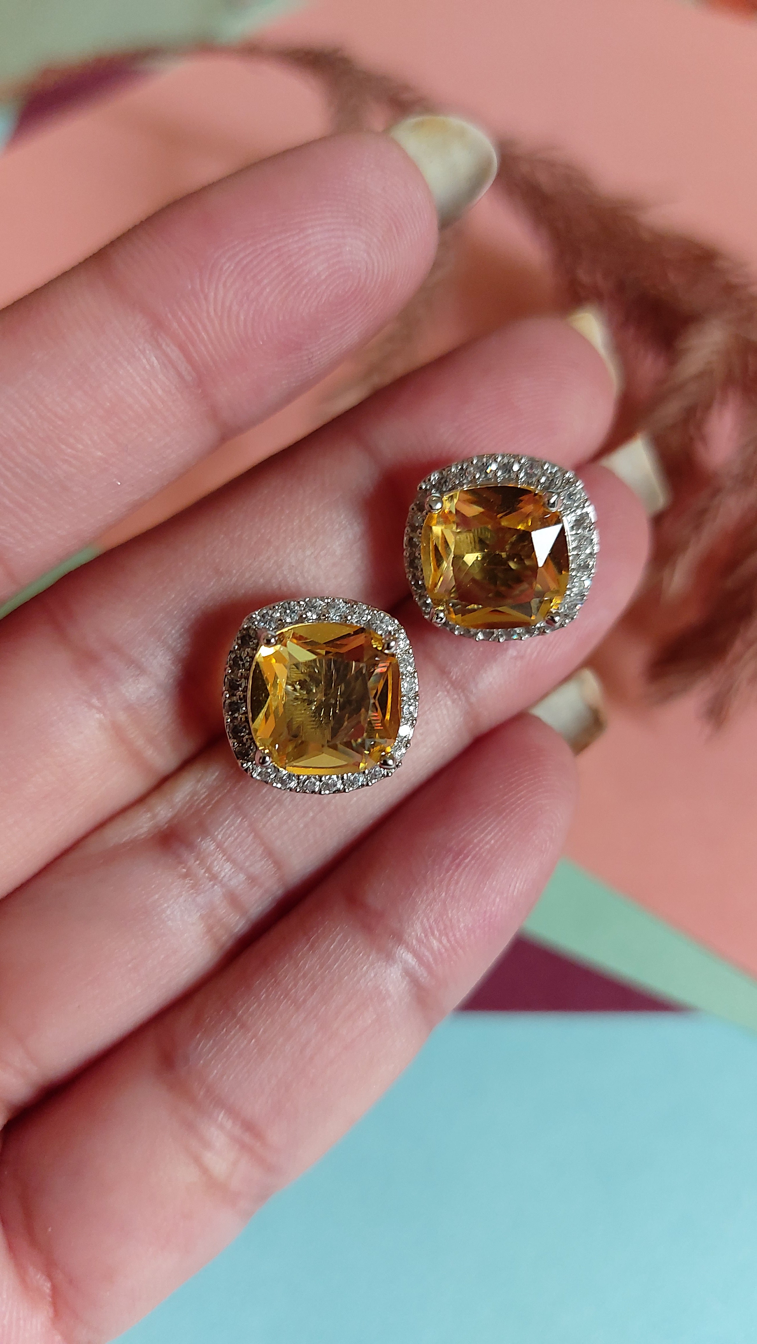 YELLOW SAPPHIRE WITH AMERICAN DIAMOND EAR STUDS