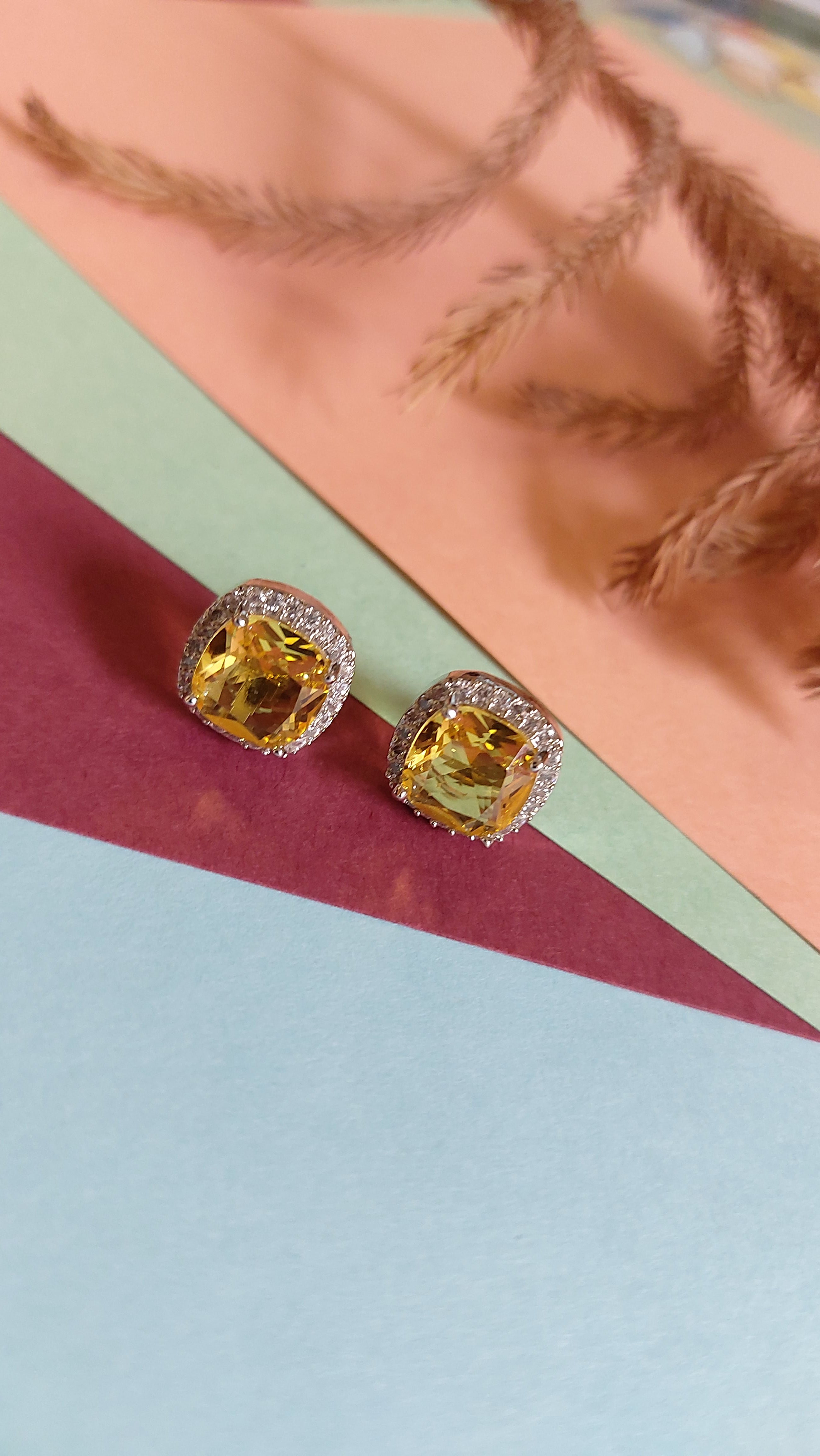 YELLOW SAPPHIRE WITH AMERICAN DIAMOND EAR STUDS
