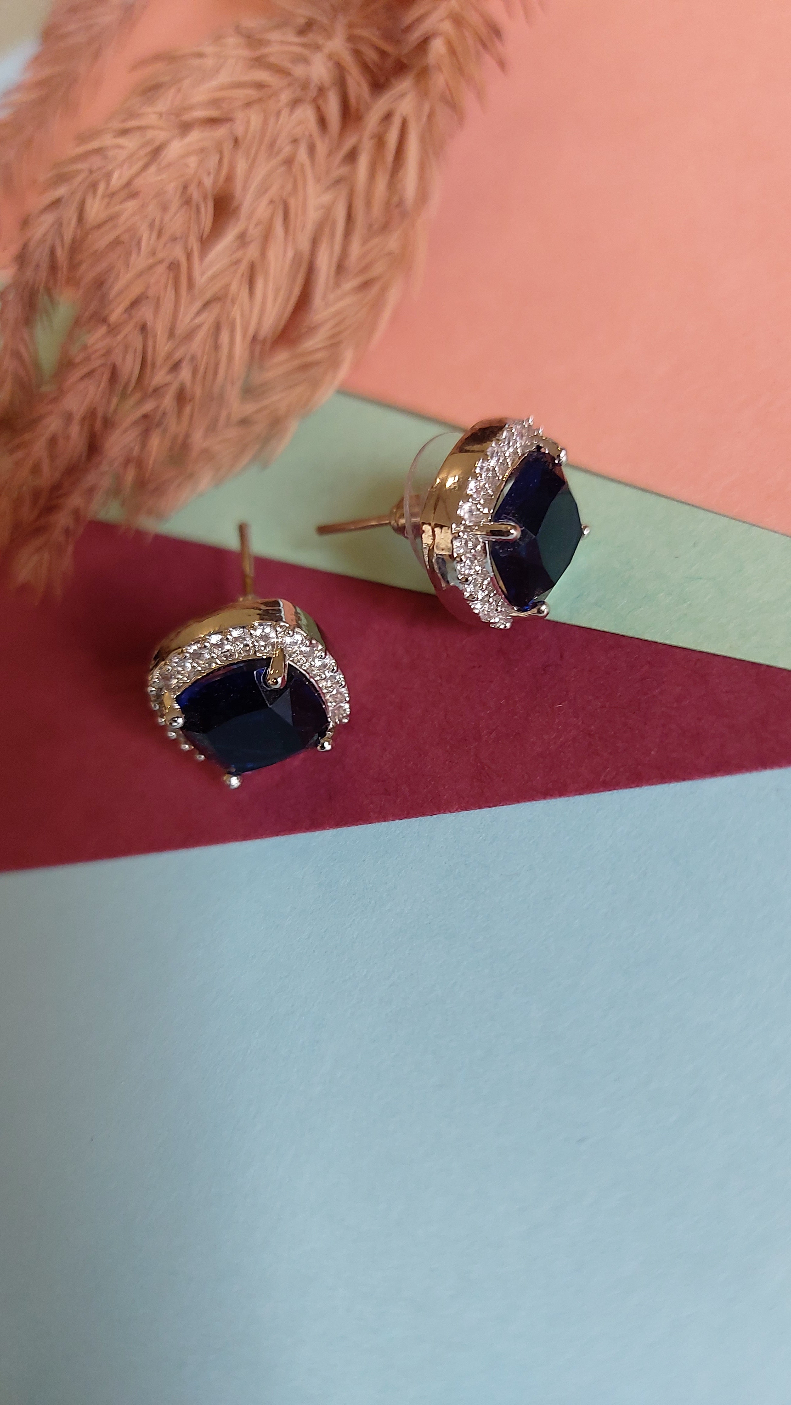 BLUE SAPPHIRE WITH AMERICAN DIAMOND EAR STUDS