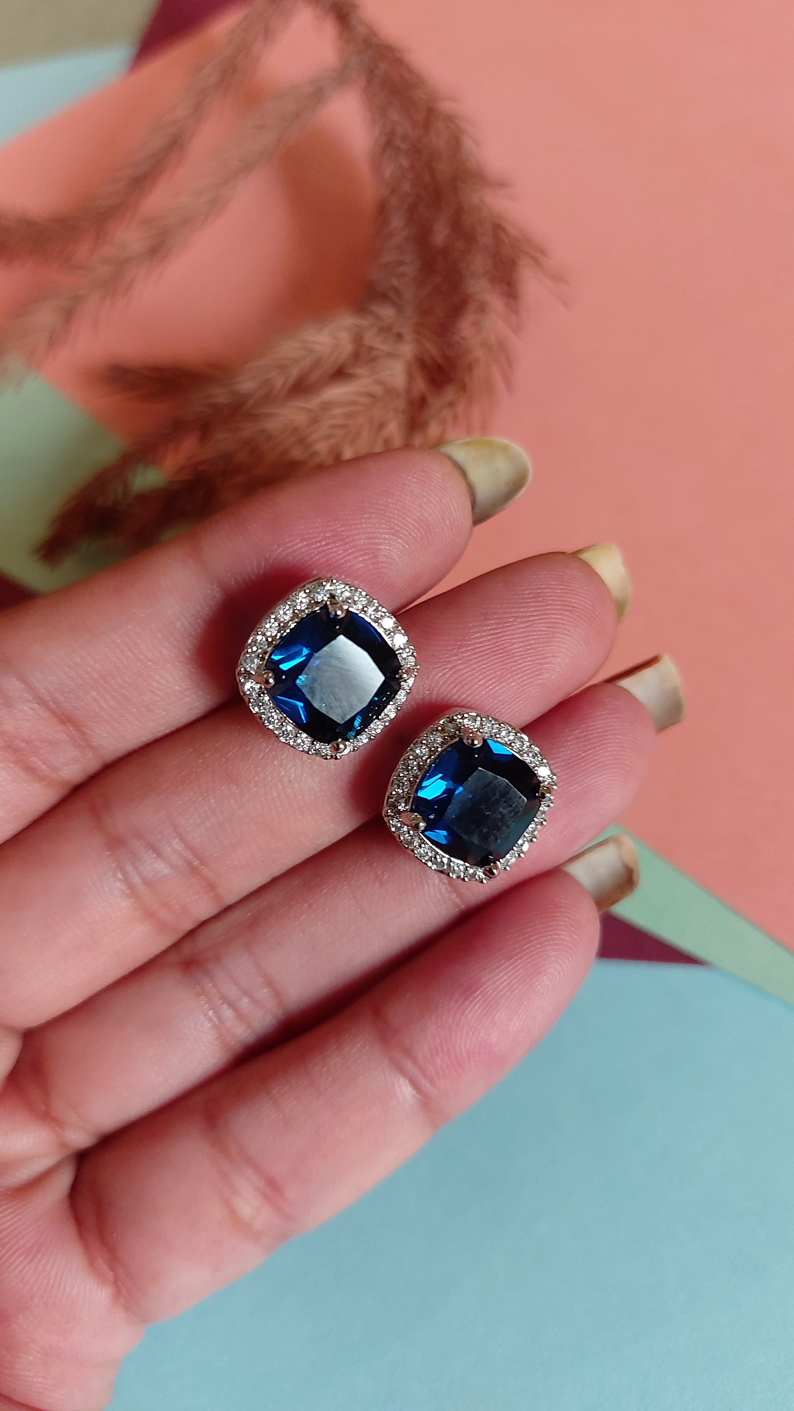 BLUE SAPPHIRE WITH AMERICAN DIAMOND EAR STUDS