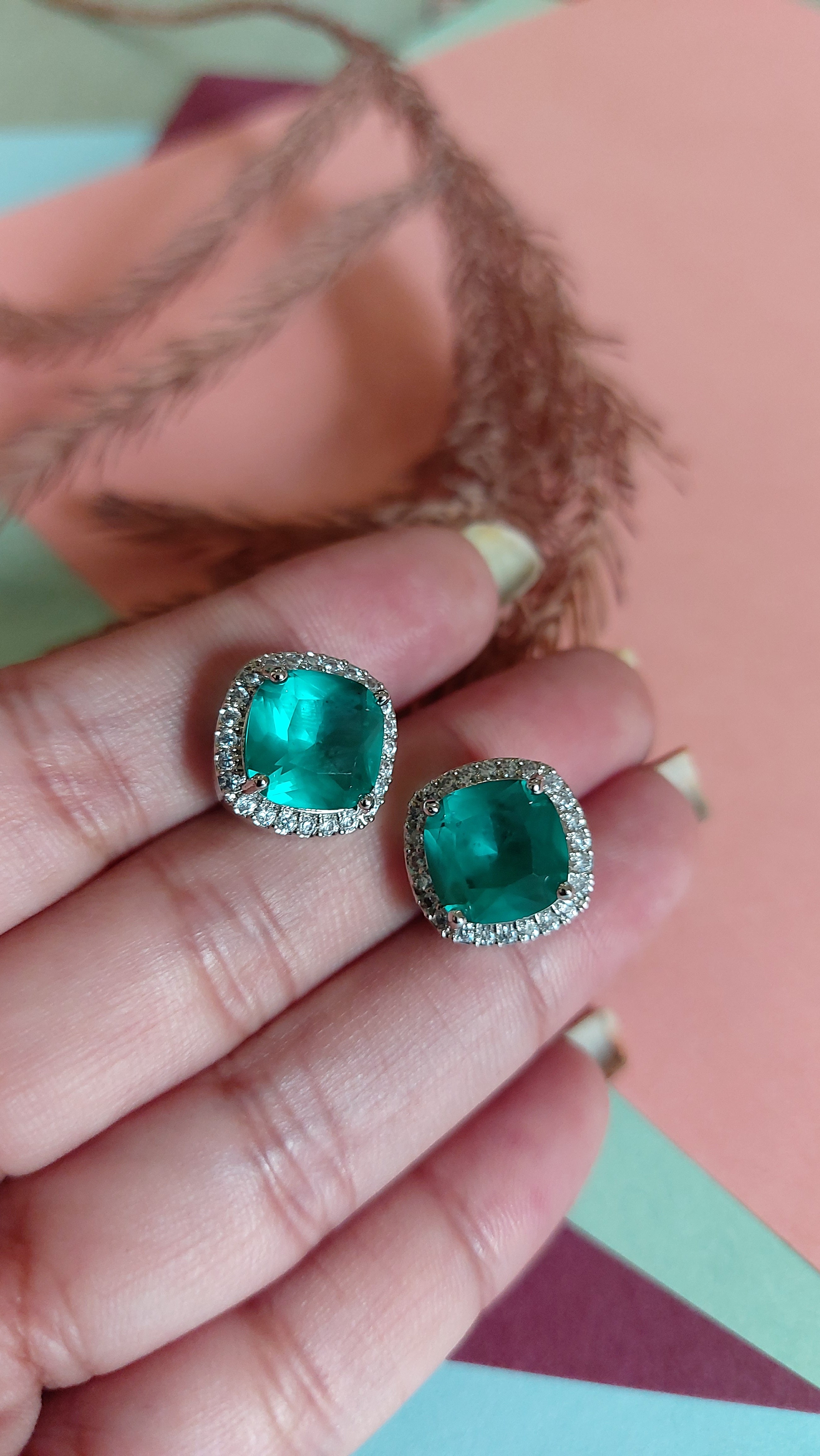EMERALD GREEN WITH AMERICAN DIAMOND EAR STUDS