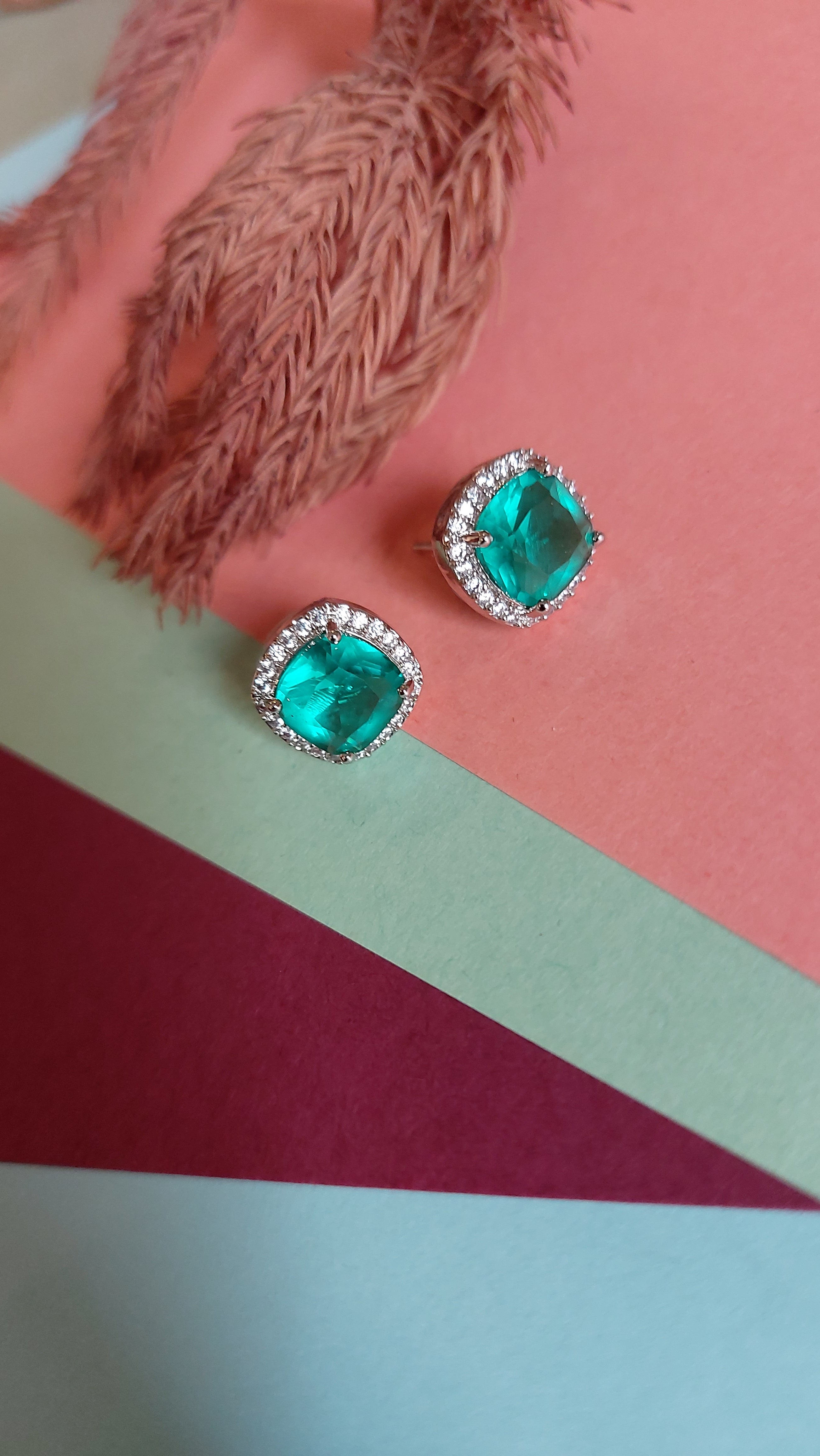 EMERALD GREEN WITH AMERICAN DIAMOND EAR STUDS