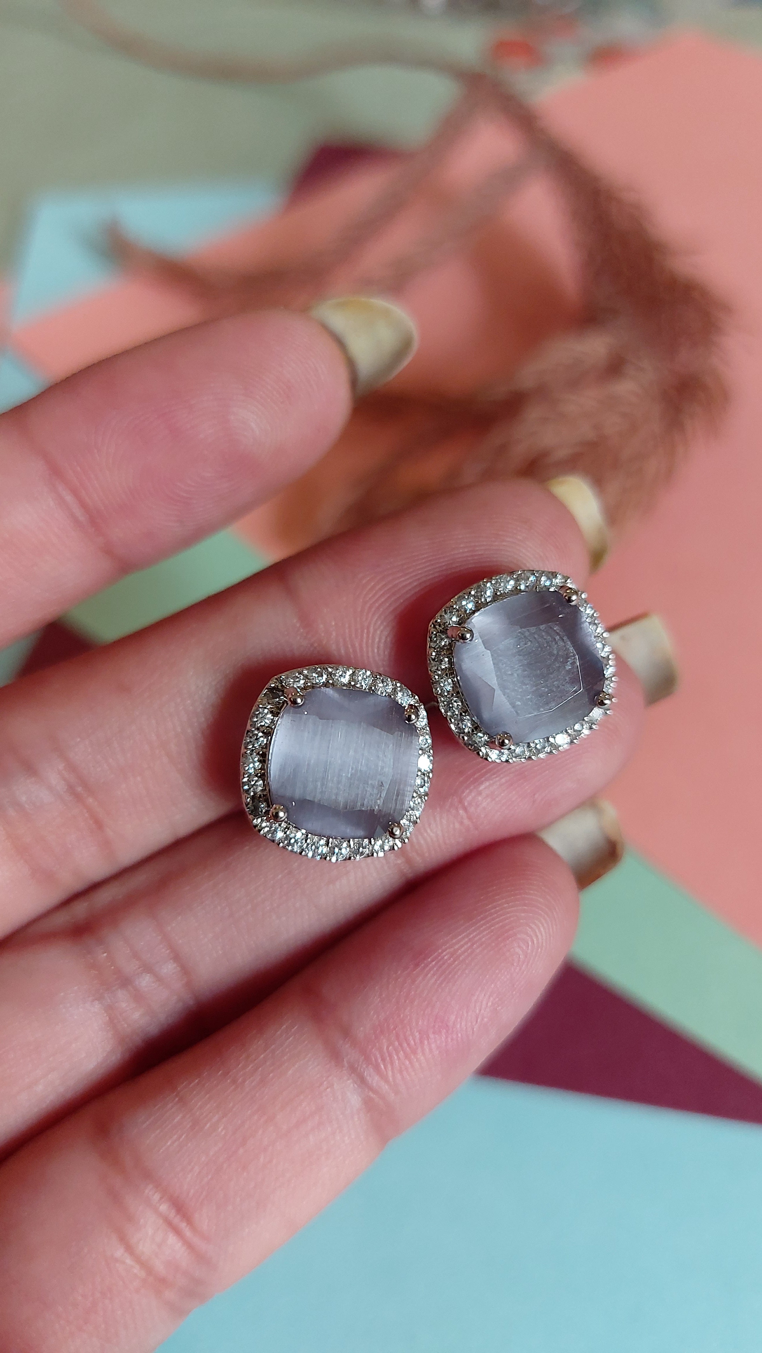 GREY ONYX WITH AMERICAN DIAMOND EAR STUDS