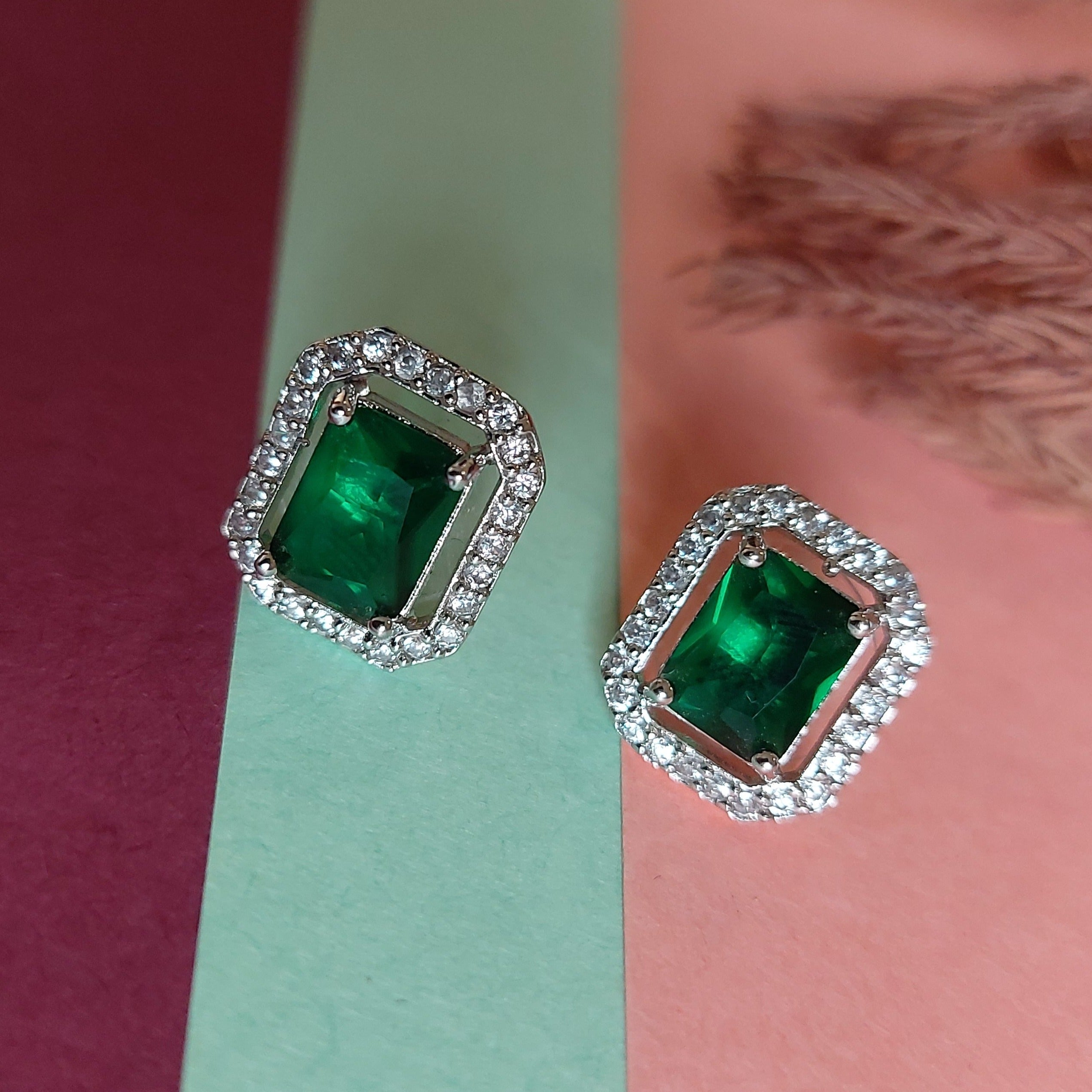 EMERALD GREEN STONE WITH AMERICAN DIAMOND EAR STUDS