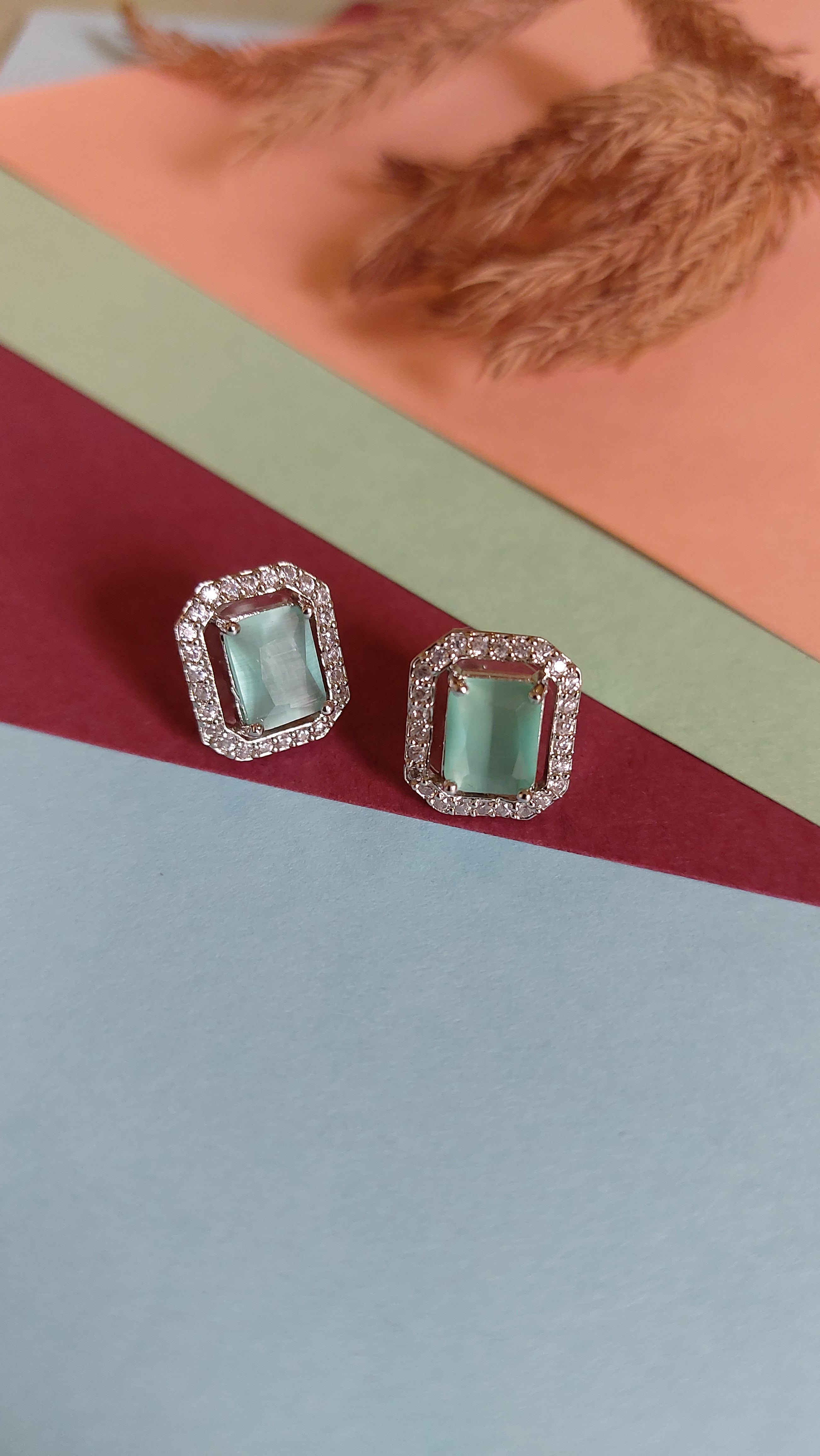 MINT GREEN STONE WITH AMERICAN DIAMOND EAR STUDS