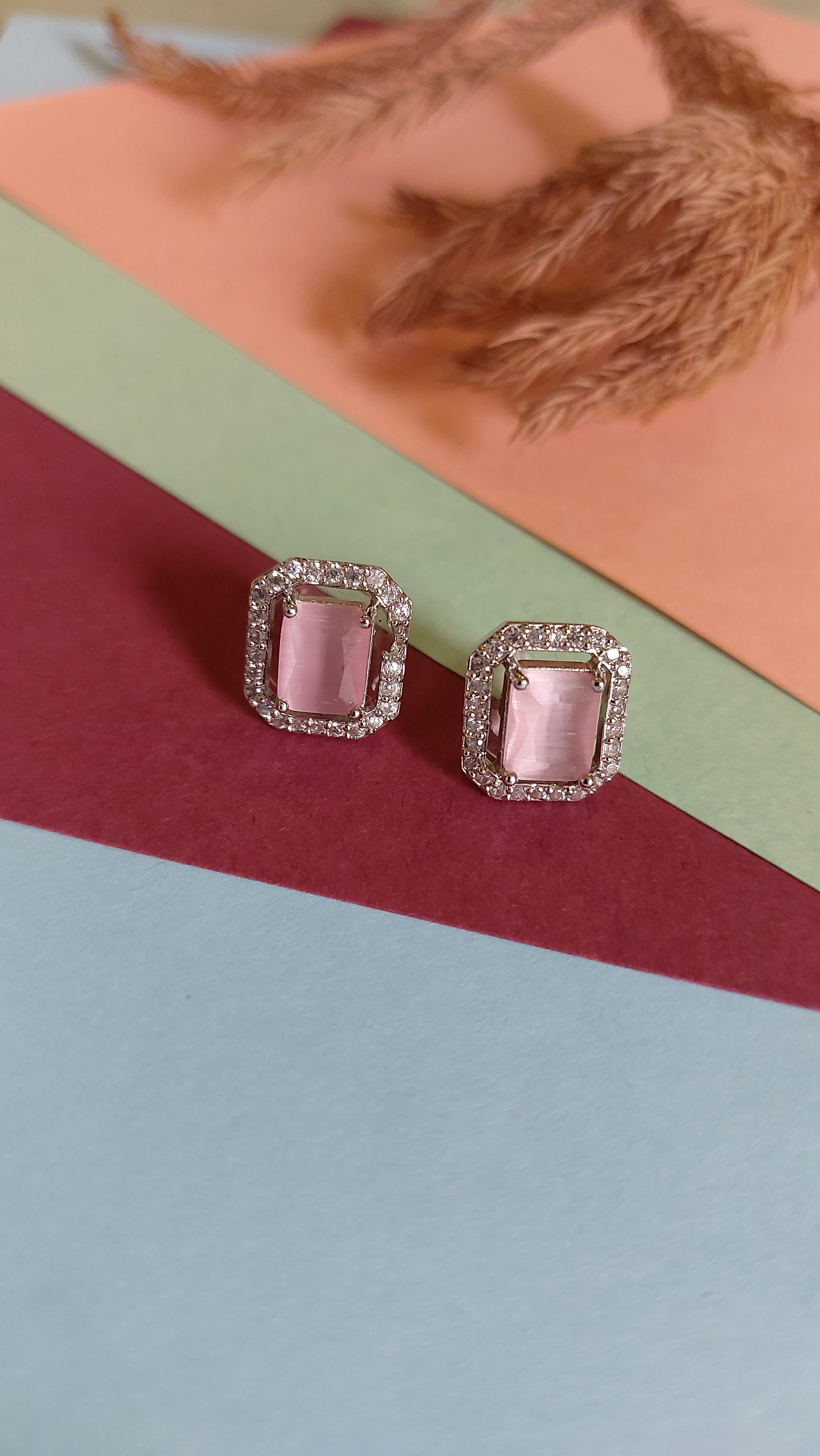 PINK ROSE QUARTZ STONE WITH AMERICAN DIAMOND EAR STUDS