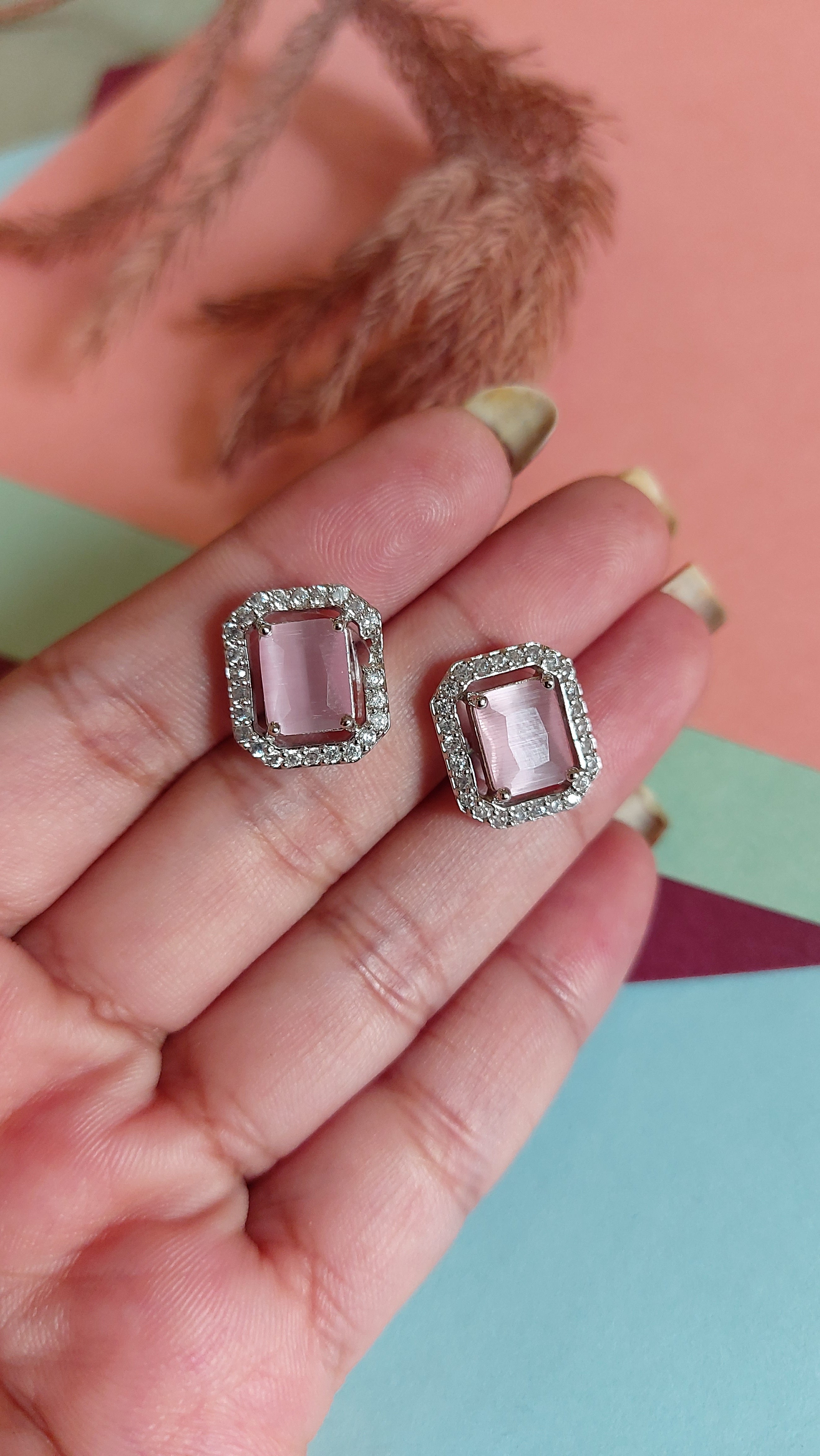 PINK ROSE QUARTZ STONE WITH AMERICAN DIAMOND EAR STUDS