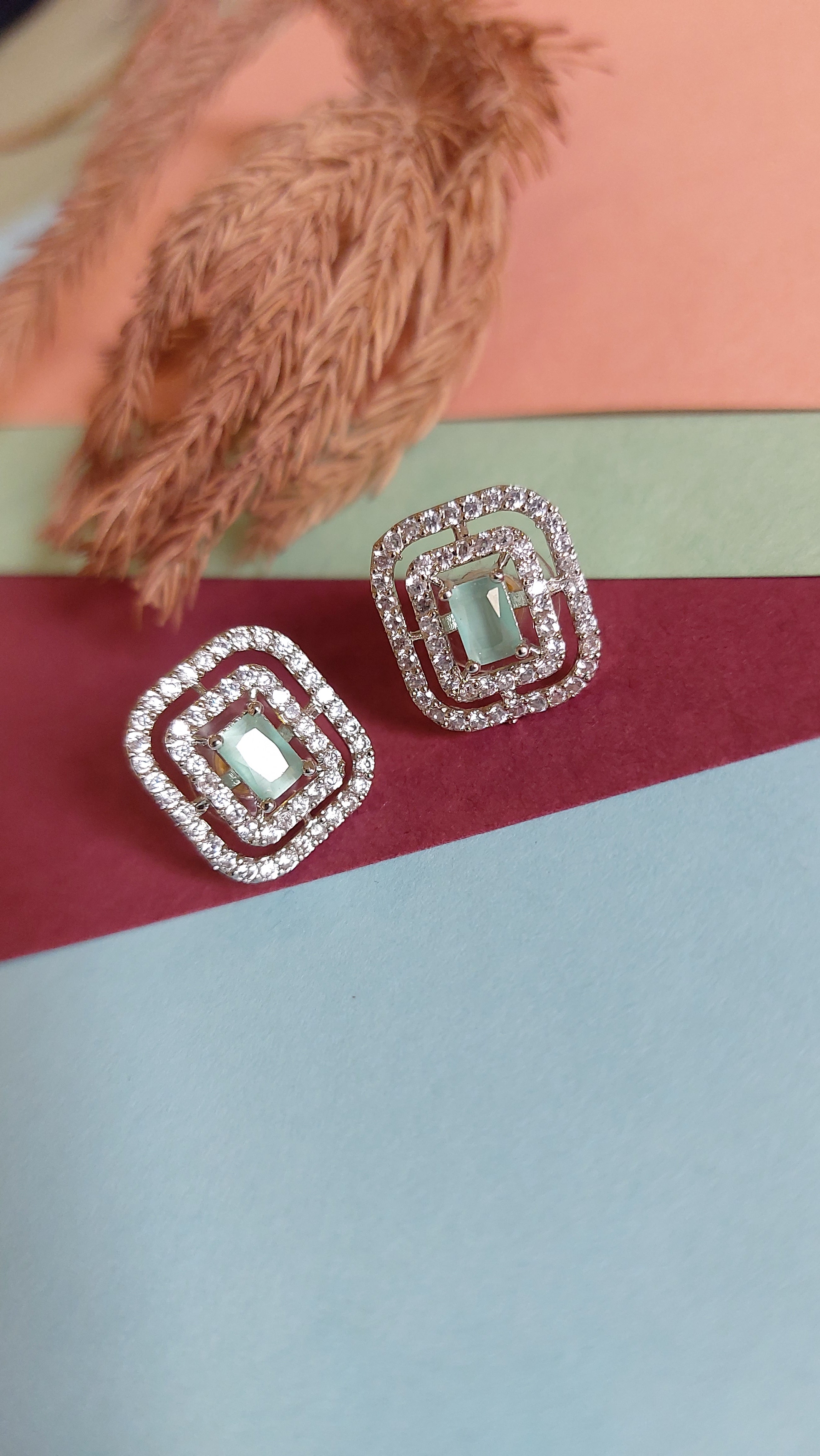 MINT GREEN STONE WITH AMERICAN DIAMOND EAR STUDS