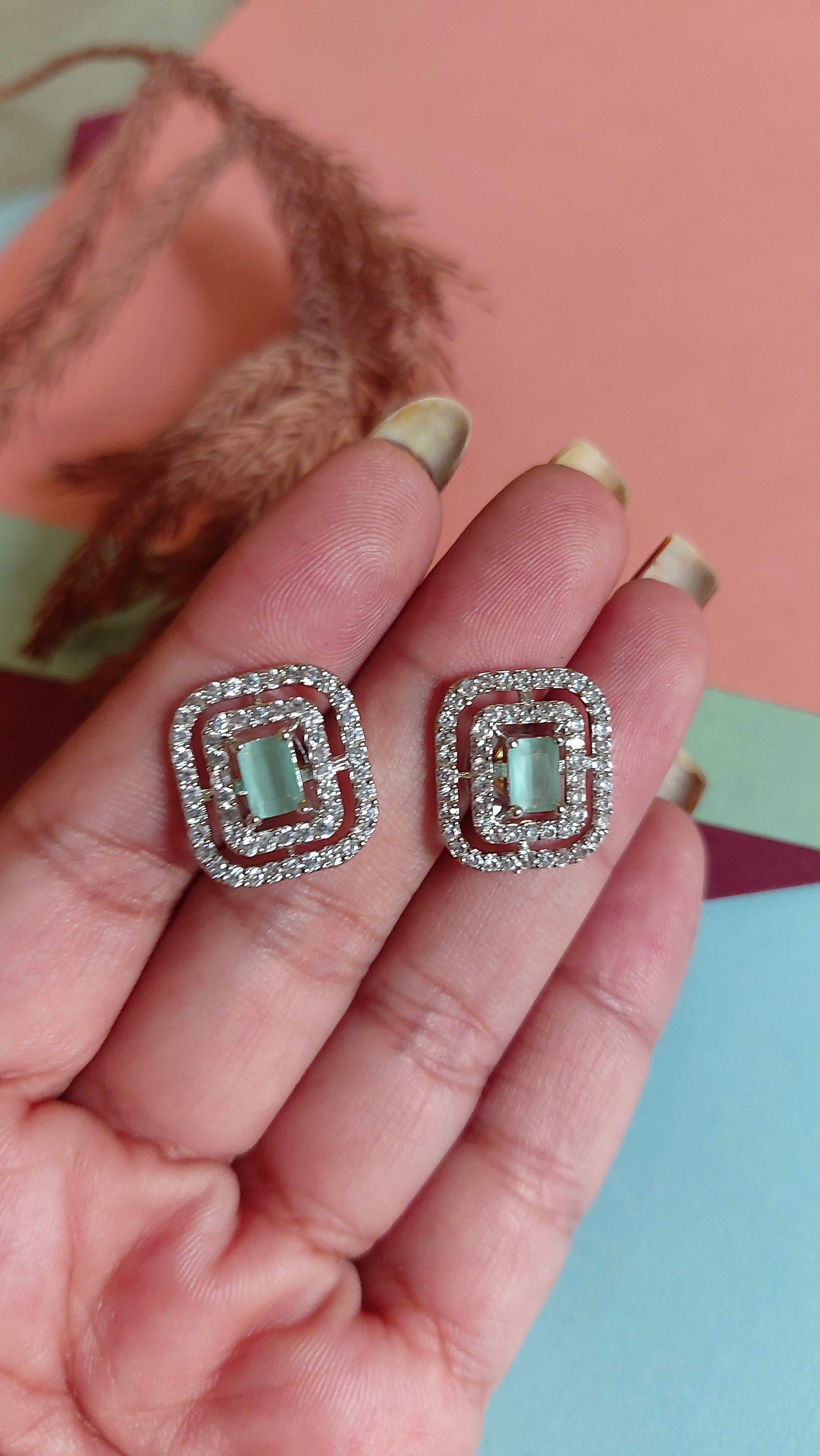 MINT GREEN STONE WITH AMERICAN DIAMOND EAR STUDS